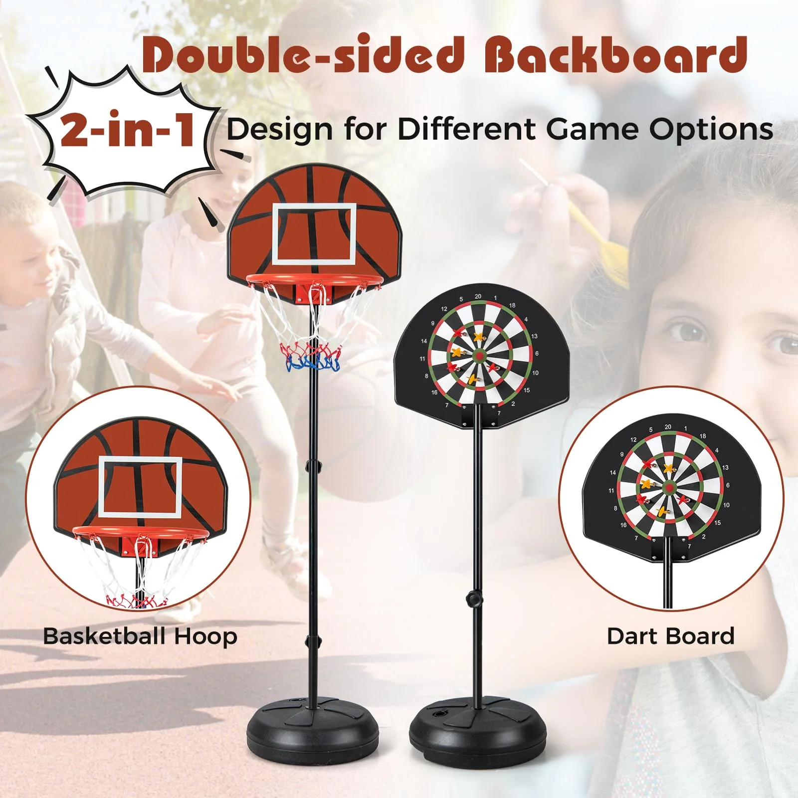Goplus Kids Basketball Hoop, 2-in-1 Toddler Basketball Goal System with Dart Board, 6 Darts, Fillable Base - Image 2