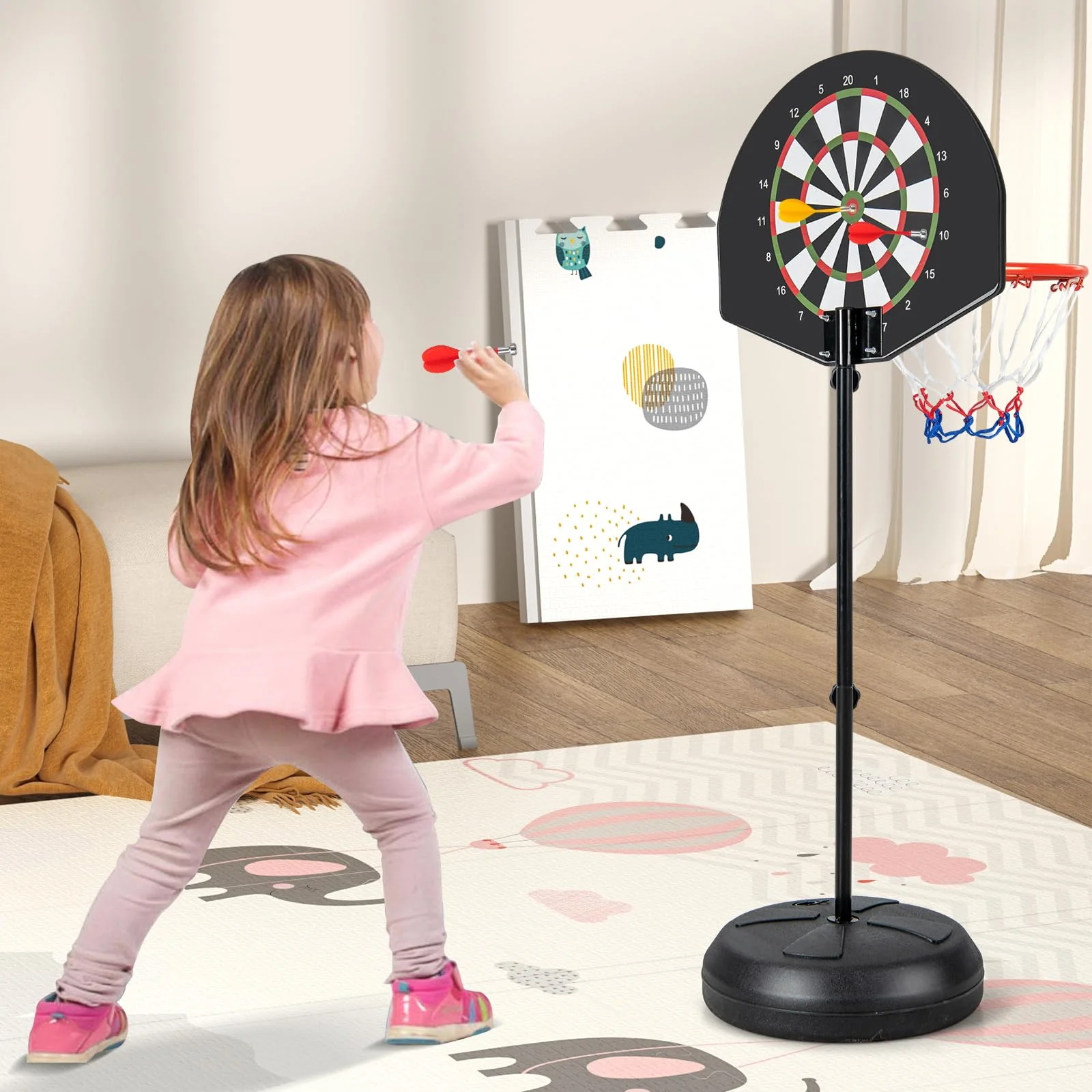 Goplus Kids Basketball Hoop, 2-in-1 Toddler Basketball Goal System with Dart Board, 6 Darts, Fillable Base - Image 6