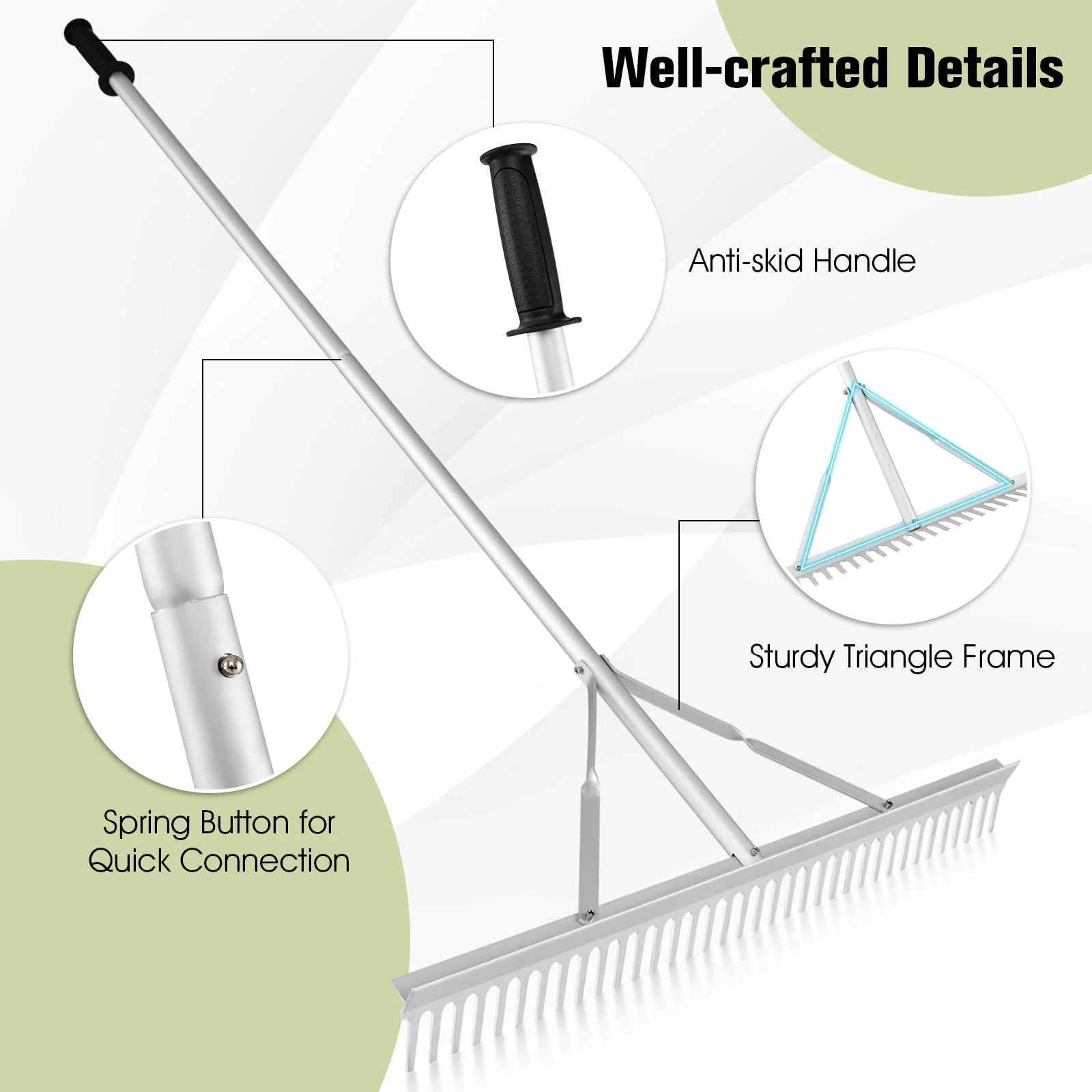 Goplus Landscape Rake 36 Inch, Aluminum Rake Head w/36 Tines and 68" Long Non-slip Handle, Yard Rake Tool for Loosening & Leveling Soil - Image 3