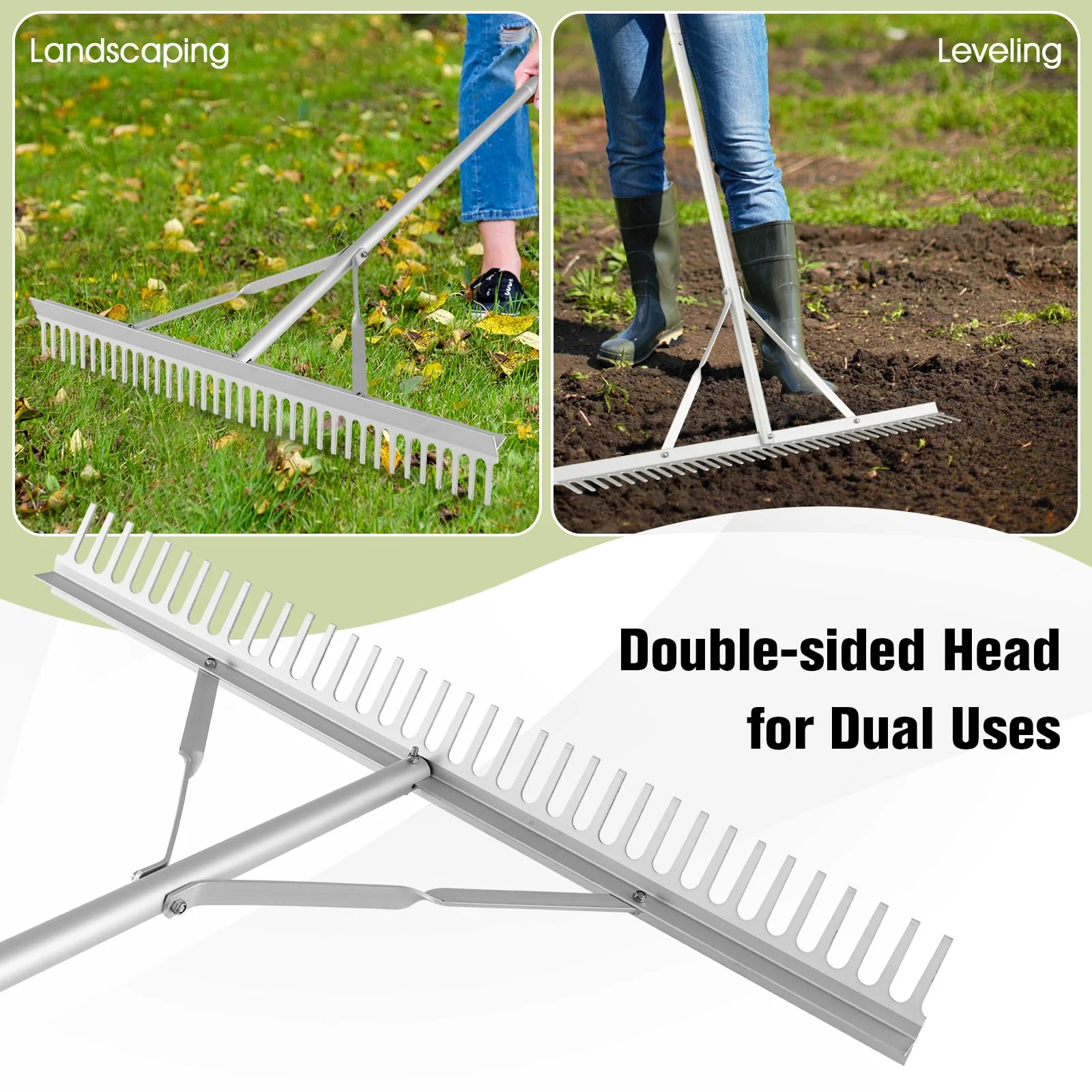 Goplus Landscape Rake 36 Inch, Aluminum Rake Head w/36 Tines and 68" Long Non-slip Handle, Yard Rake Tool for Loosening & Leveling Soil - Image 4