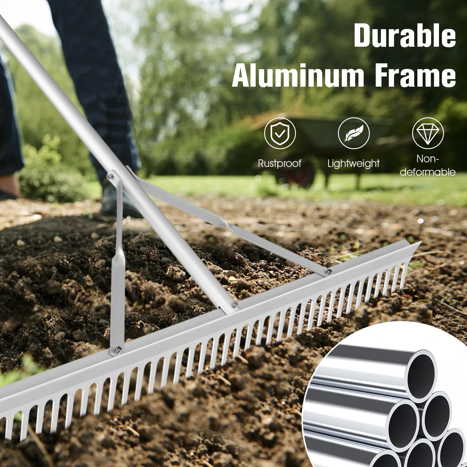 Goplus Landscape Rake 36 Inch, Aluminum Rake Head w/36 Tines and 68" Long Non-slip Handle, Yard Rake Tool for Loosening & Leveling Soil - Image 5