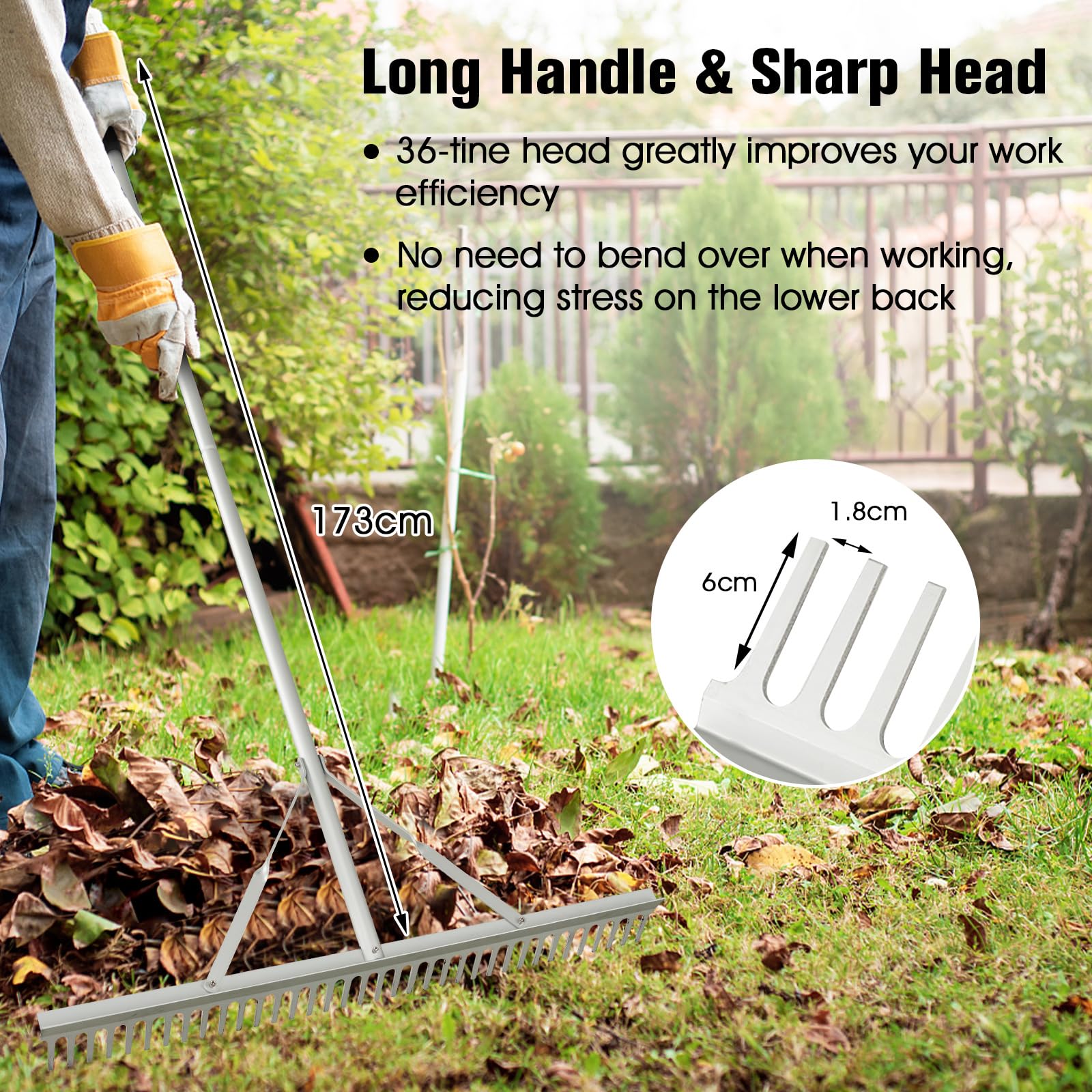 Goplus Landscape Rake 36 Inch, Aluminum Rake Head w/36 Tines and 68" Long Non-slip Handle, Yard Rake Tool for Loosening & Leveling Soil - Image 6