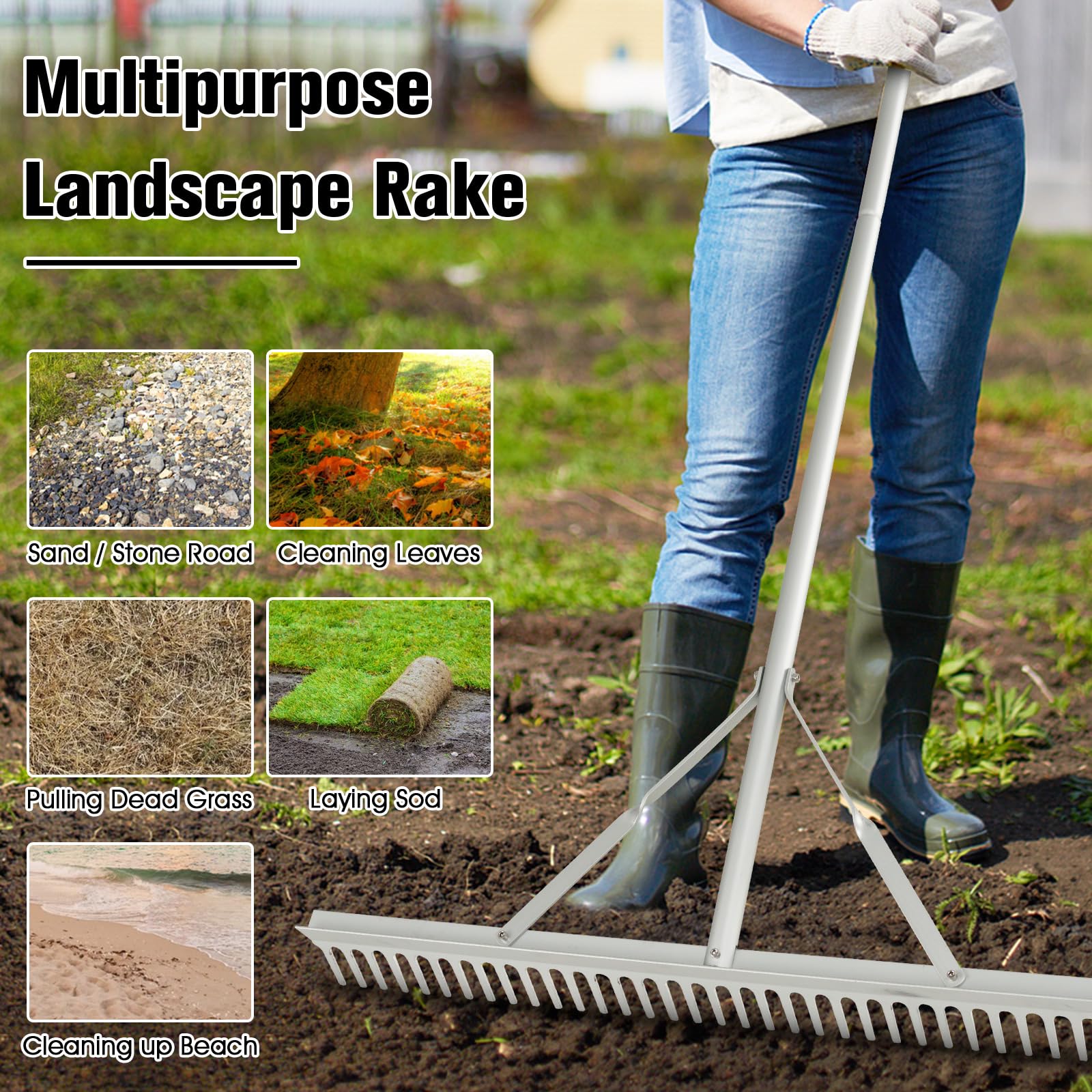 Goplus Landscape Rake 36 Inch, Aluminum Rake Head w/36 Tines and 68" Long Non-slip Handle, Yard Rake Tool for Loosening & Leveling Soil - Image 8