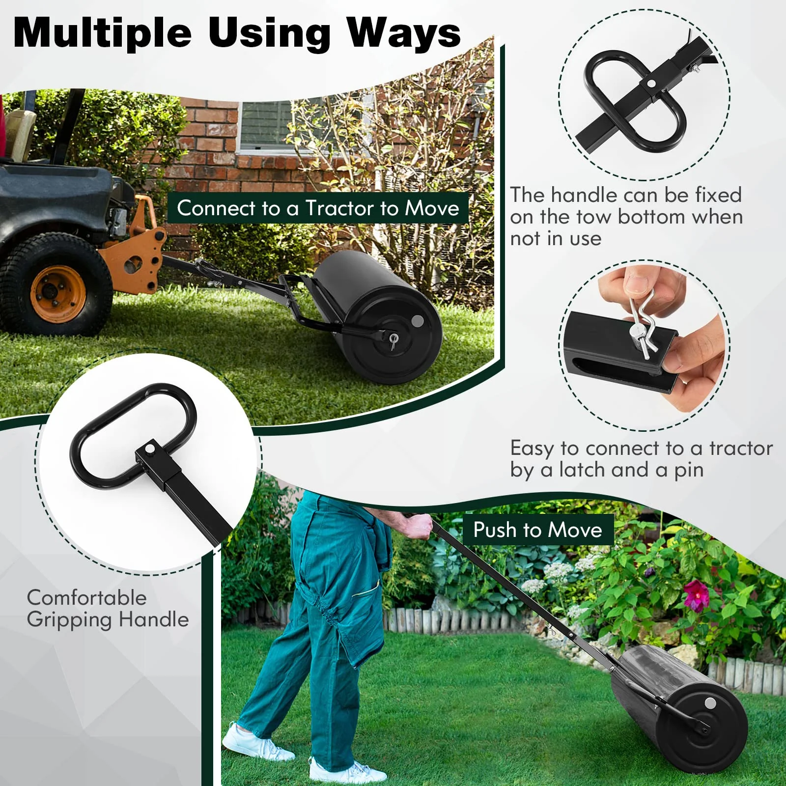 Goplus Lawn Roller, Push/Tow-Behind Lawn Roller, 17 Gallon/63L Water/Sand-Filled Sod Roller with Detachable Gripping Handle - Image 3