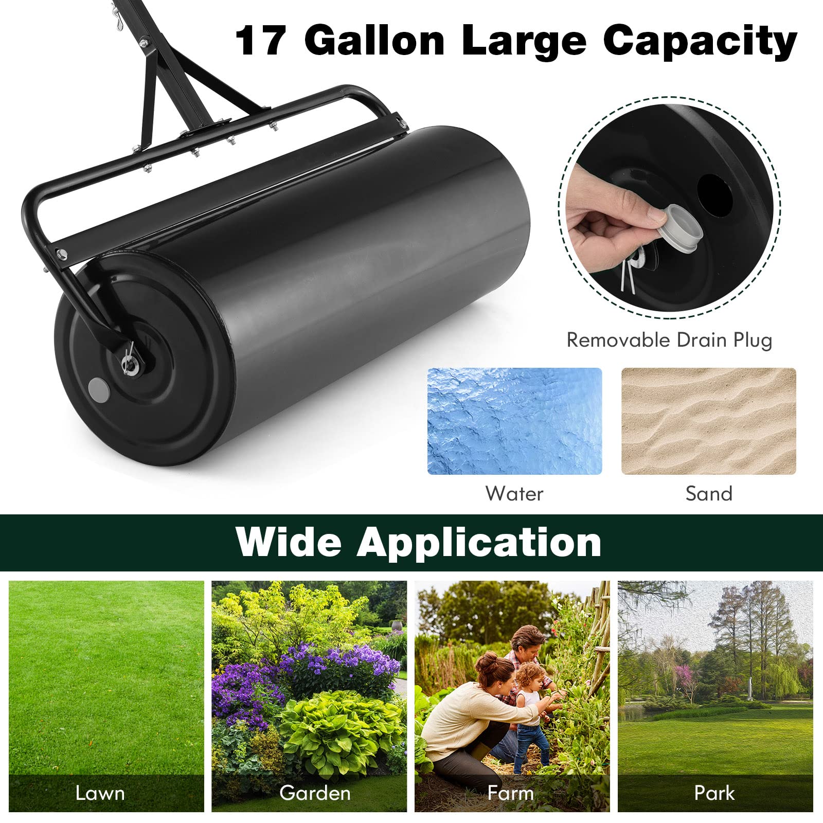 Goplus Lawn Roller, Push/Tow-Behind Lawn Roller, 17 Gallon/63L Water/Sand-Filled Sod Roller with Detachable Gripping Handle - Image 4