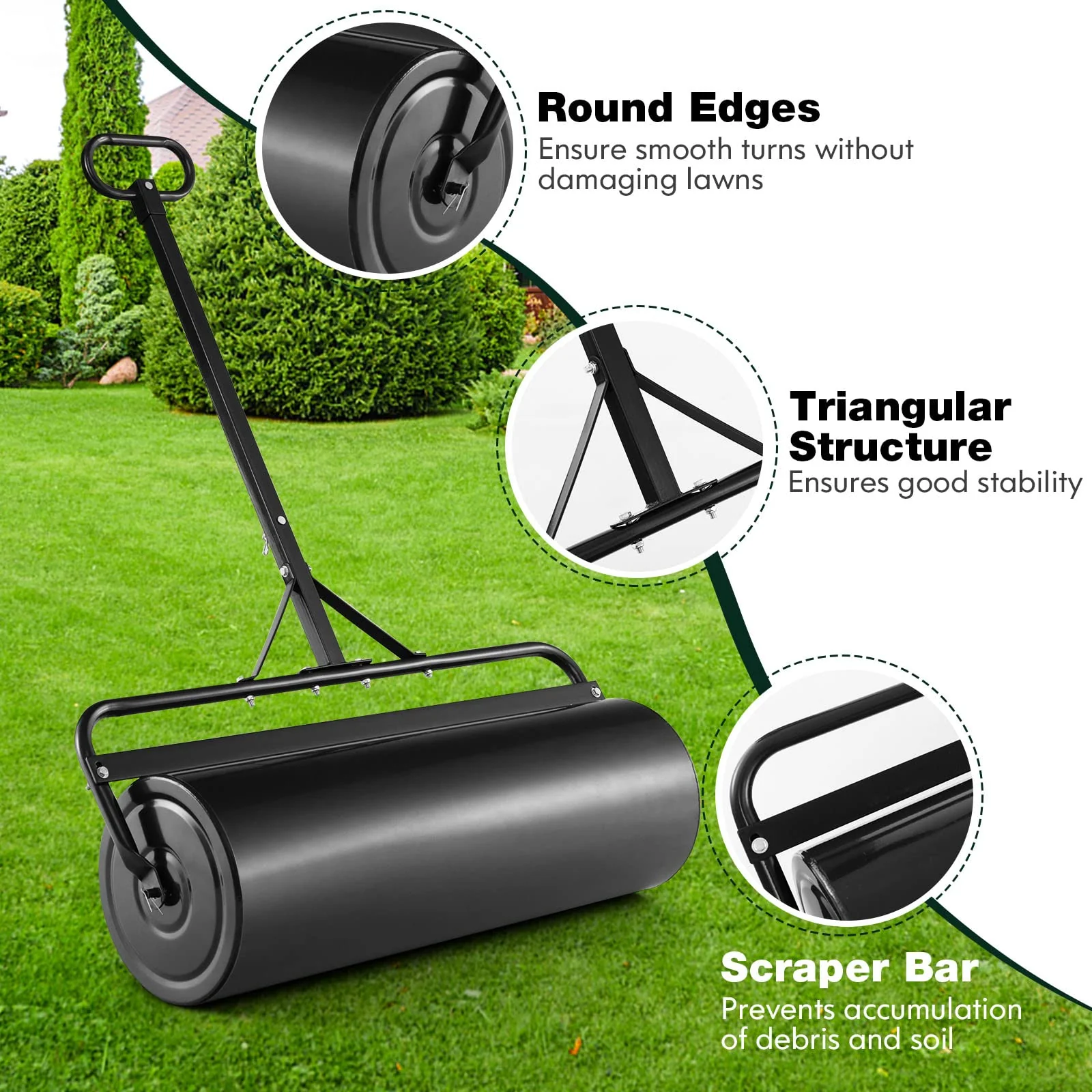 Goplus Lawn Roller, Push/Tow-Behind Lawn Roller, 17 Gallon/63L Water/Sand-Filled Sod Roller with Detachable Gripping Handle - Image 5