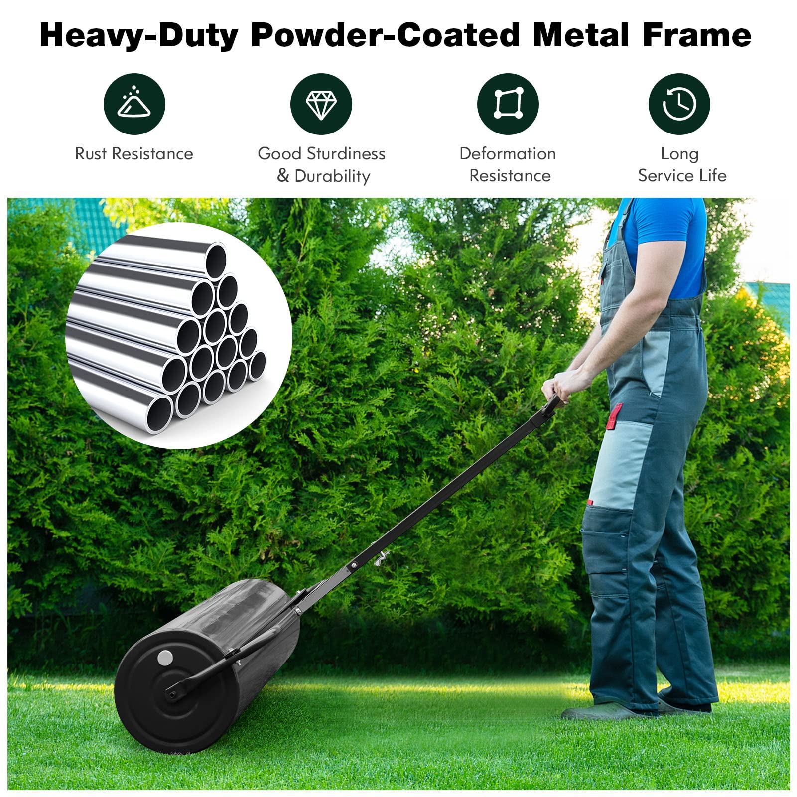 Goplus Lawn Roller, Push/Tow-Behind Lawn Roller, 17 Gallon/63L Water/Sand-Filled Sod Roller with Detachable Gripping Handle - Image 9