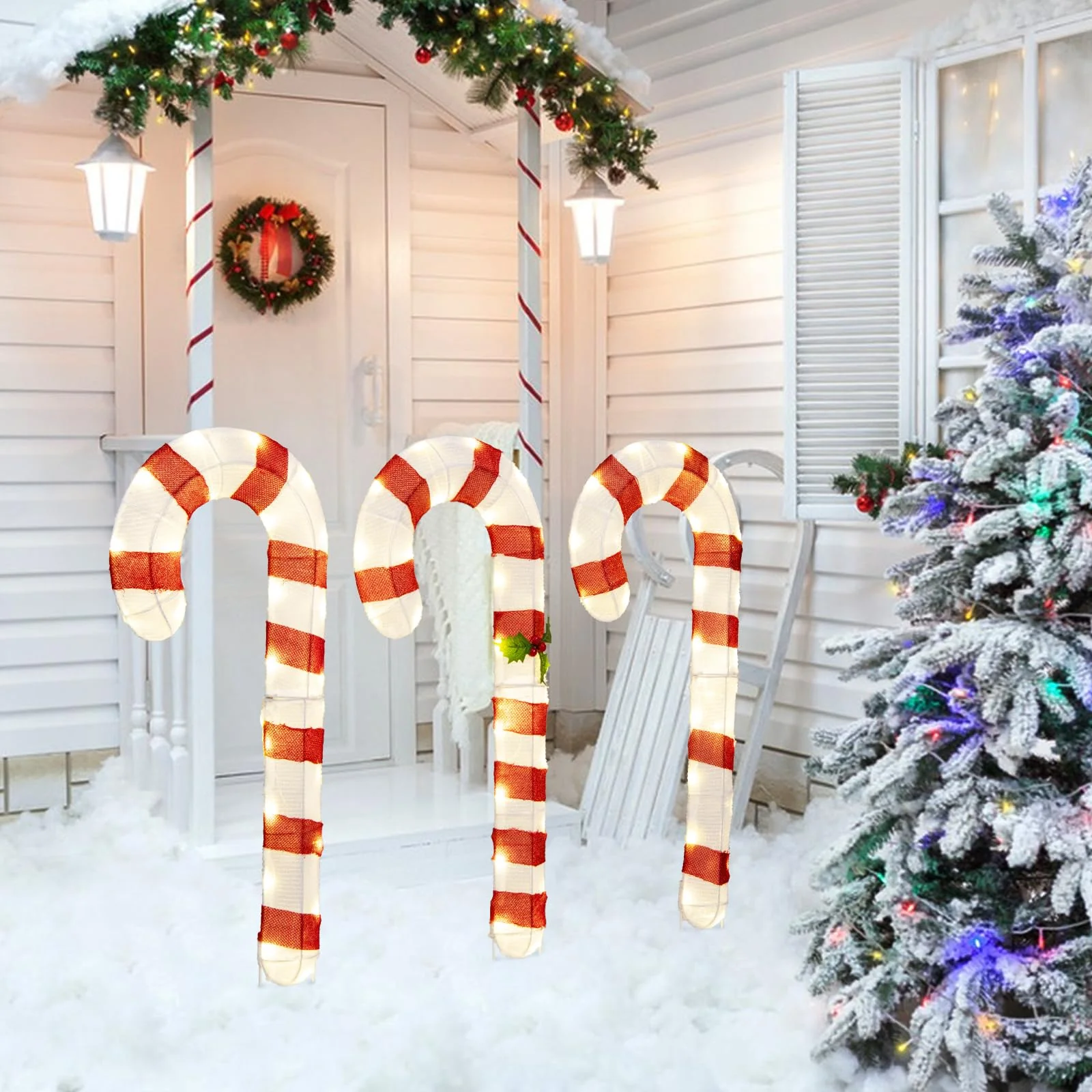 Goplus Lighted Candy Canes, Set of 3 Christmas Tinsel Candy Cane Decoration with 75 Warm White LED Lights - Image 10