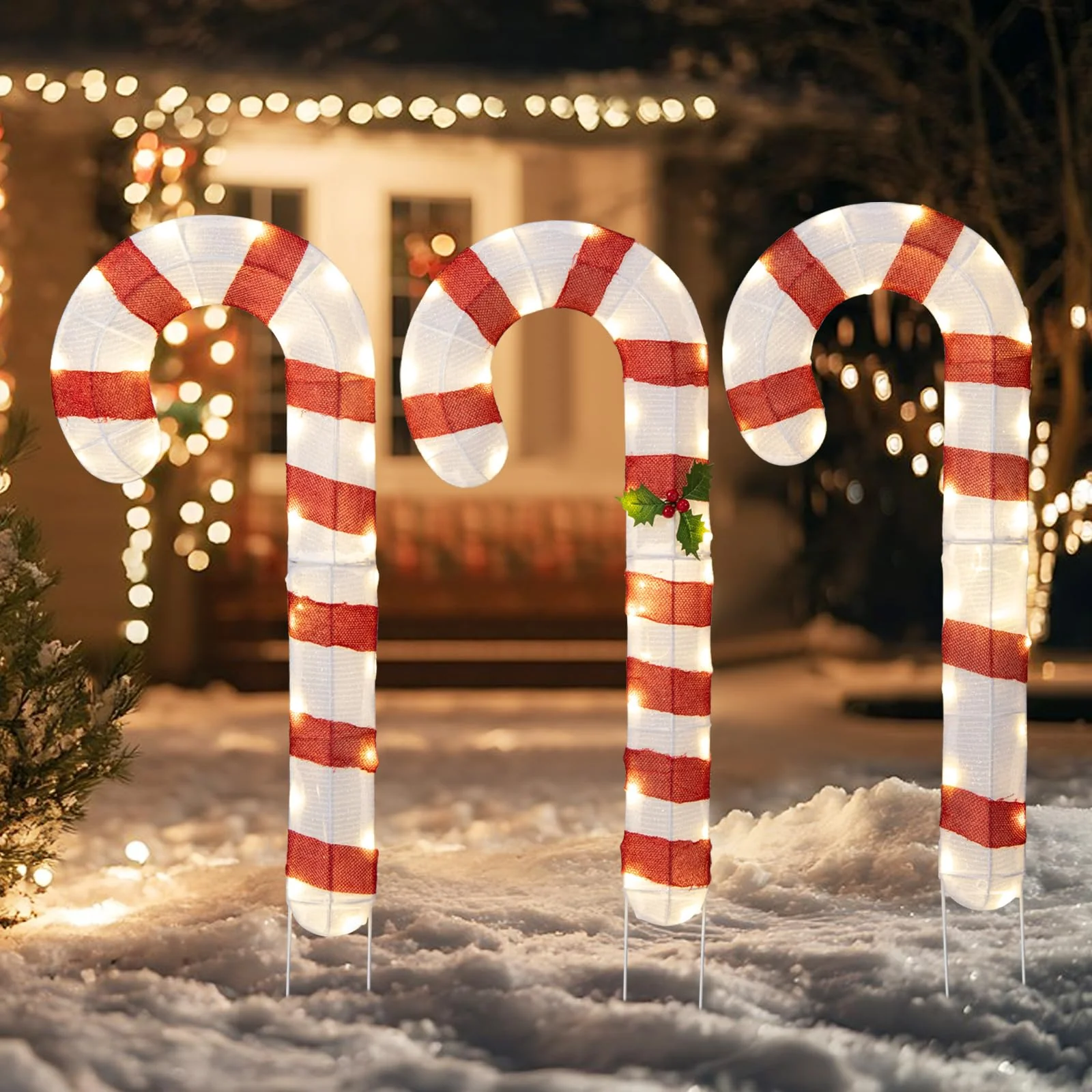 Goplus Lighted Candy Canes, Set of 3 Christmas Tinsel Candy Cane Decoration with 75 Warm White LED Lights - Image 2