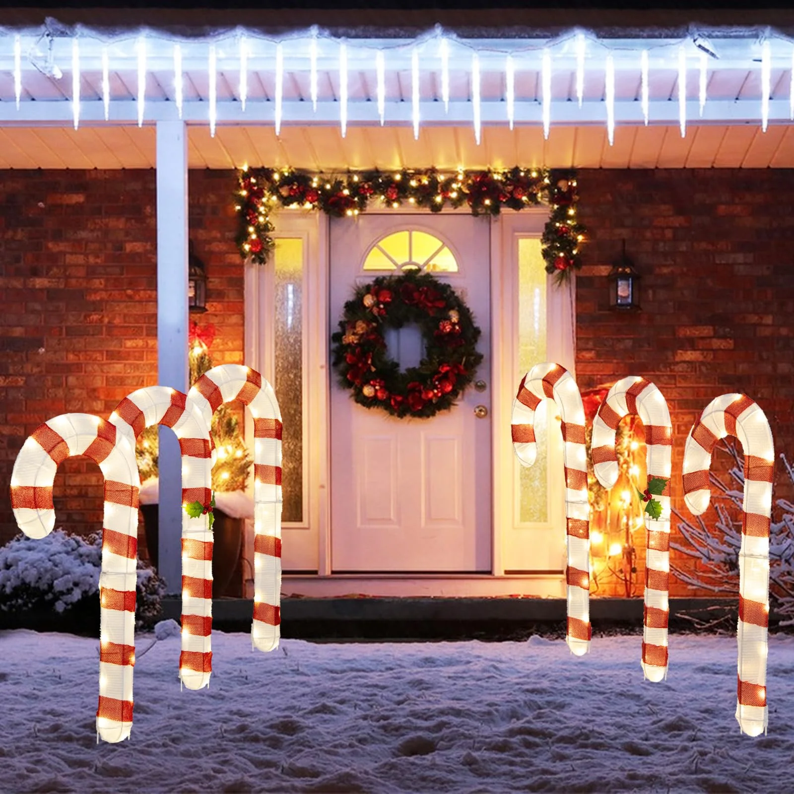 Goplus Lighted Candy Canes, Set of 3 Christmas Tinsel Candy Cane Decoration with 75 Warm White LED Lights - Image 3