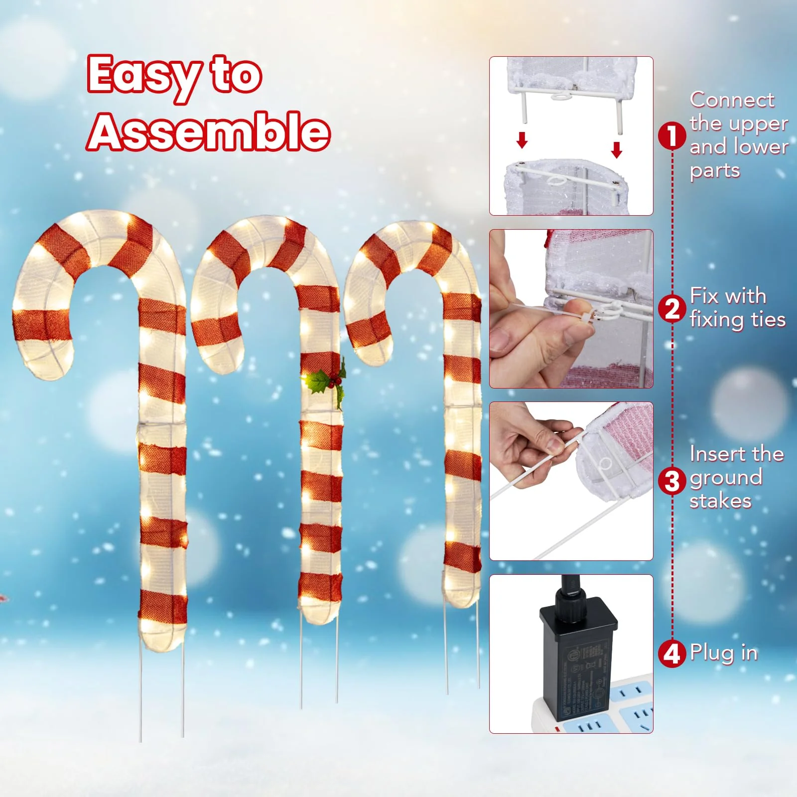 Goplus Lighted Candy Canes, Set of 3 Christmas Tinsel Candy Cane Decoration with 75 Warm White LED Lights - Image 5