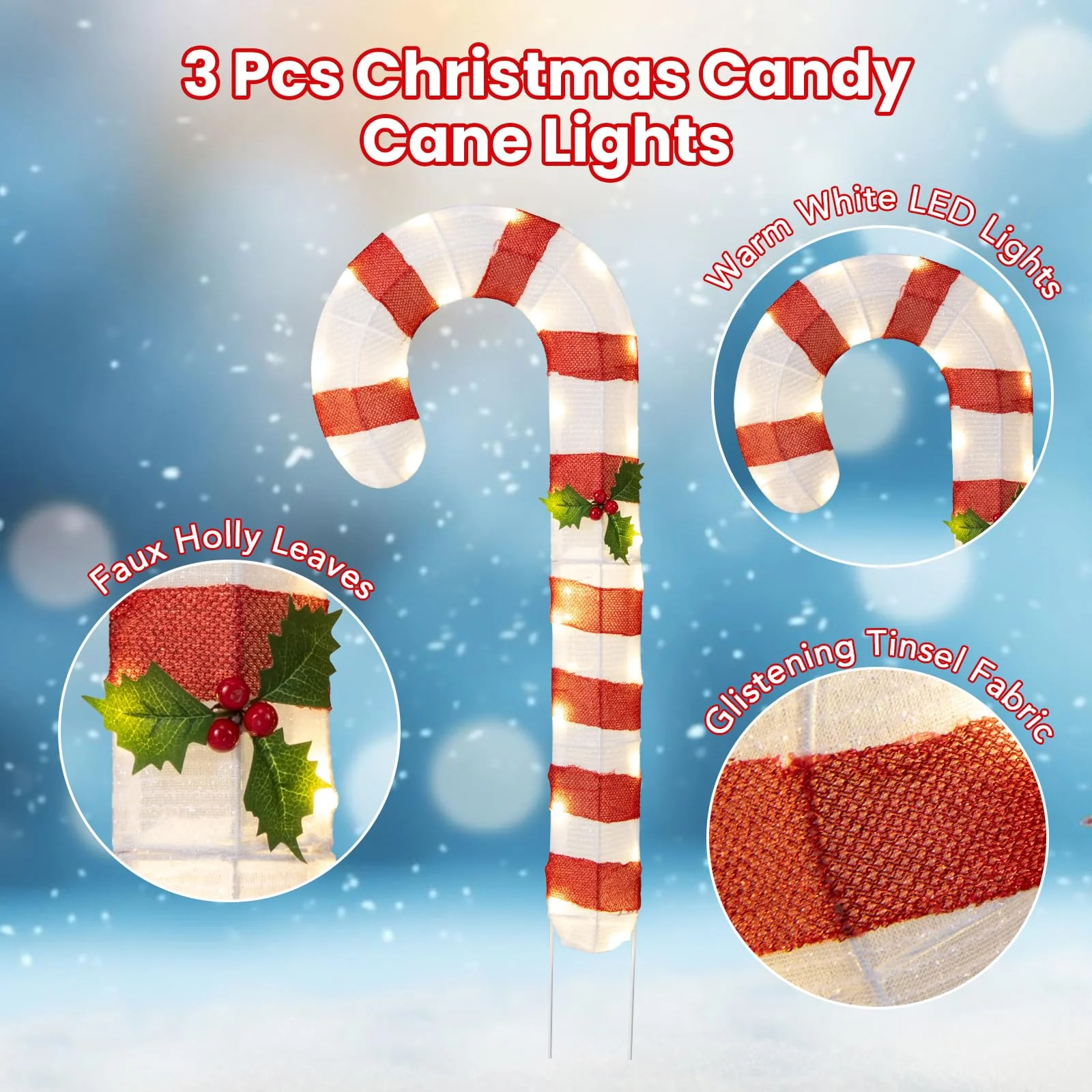Goplus Lighted Candy Canes, Set of 3 Christmas Tinsel Candy Cane Decoration with 75 Warm White LED Lights - Image 6