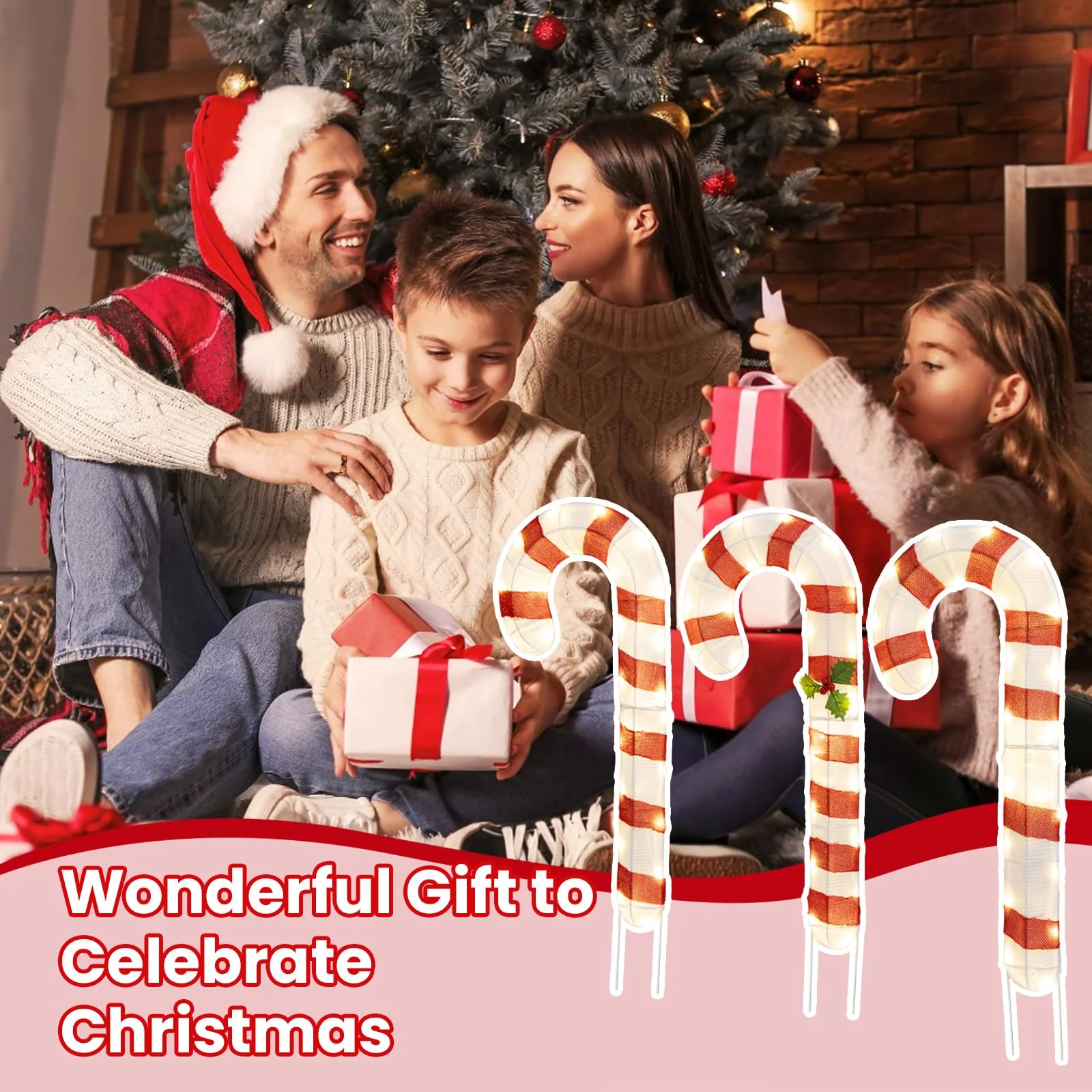 Goplus Lighted Candy Canes, Set of 3 Christmas Tinsel Candy Cane Decoration with 75 Warm White LED Lights - Image 7