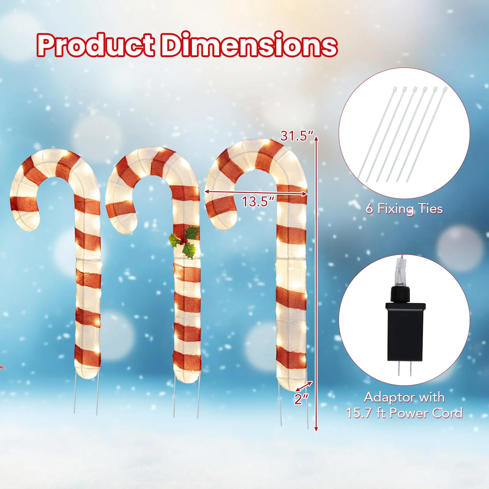 Goplus Lighted Candy Canes, Set of 3 Christmas Tinsel Candy Cane Decoration with 75 Warm White LED Lights - Image 8