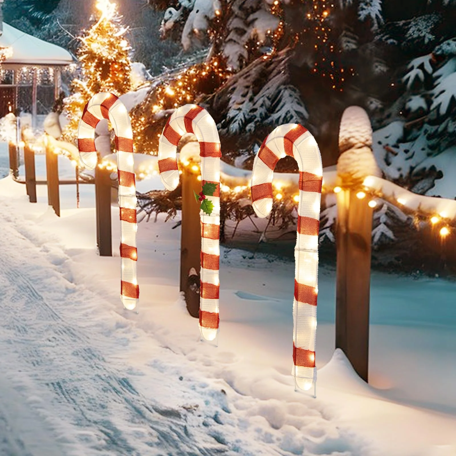 Goplus Lighted Candy Canes, Set of 3 Christmas Tinsel Candy Cane Decoration with 75 Warm White LED Lights - Image 9