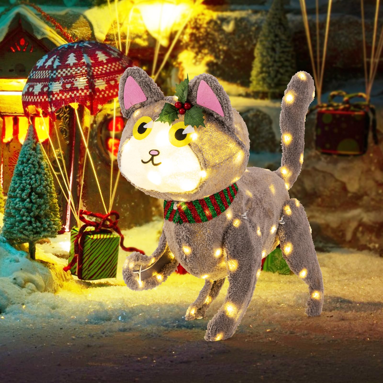 Goplus Lighted Christmas Cat, Indoor Outdoor Kitty Decoration w/ 88 LED Lights - Image 3