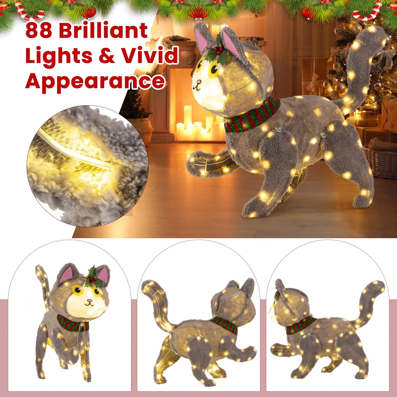 Goplus Lighted Christmas Cat, Indoor Outdoor Kitty Decoration w/ 88 LED Lights - Image 4