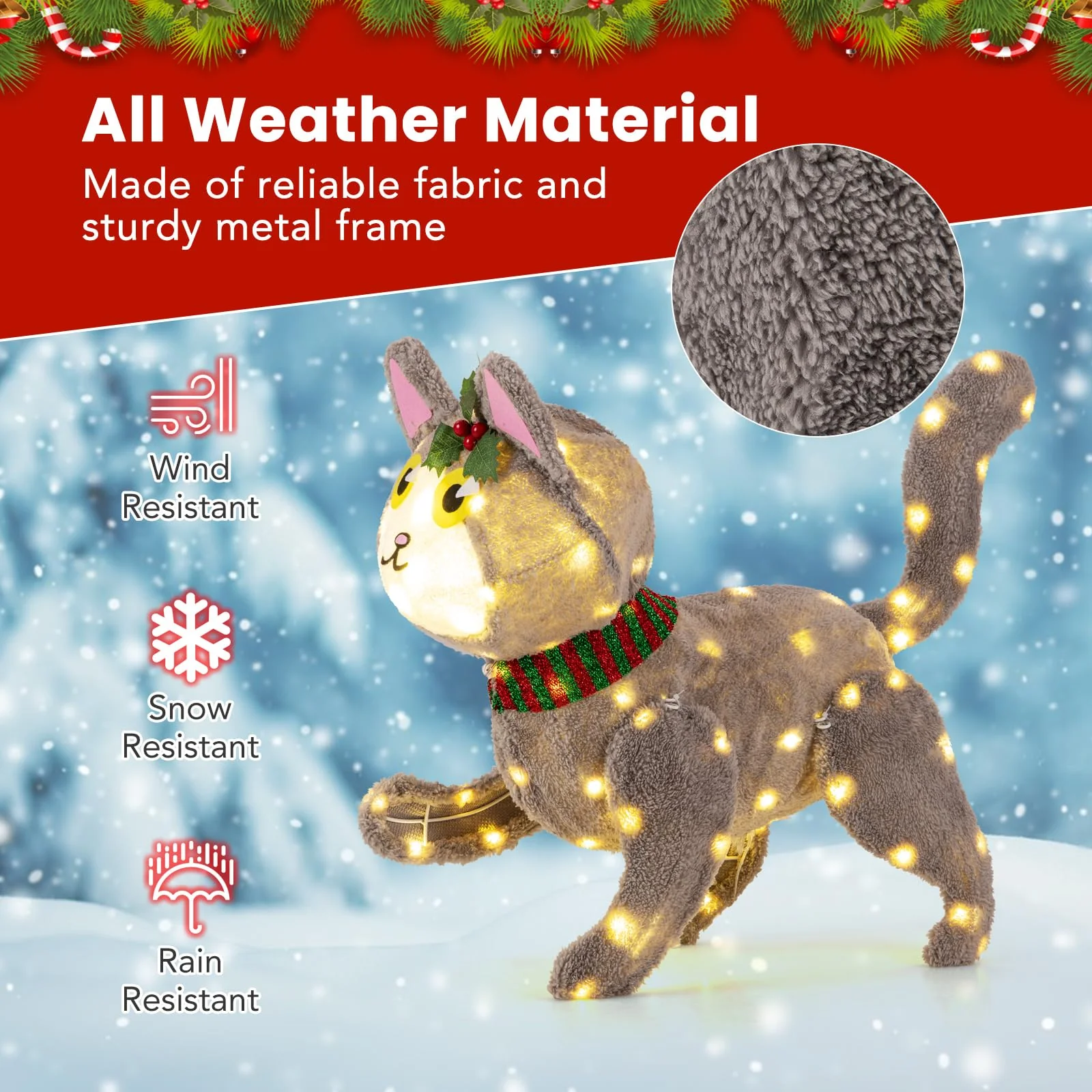 Goplus Lighted Christmas Cat, Indoor Outdoor Kitty Decoration w/ 88 LED Lights - Image 5