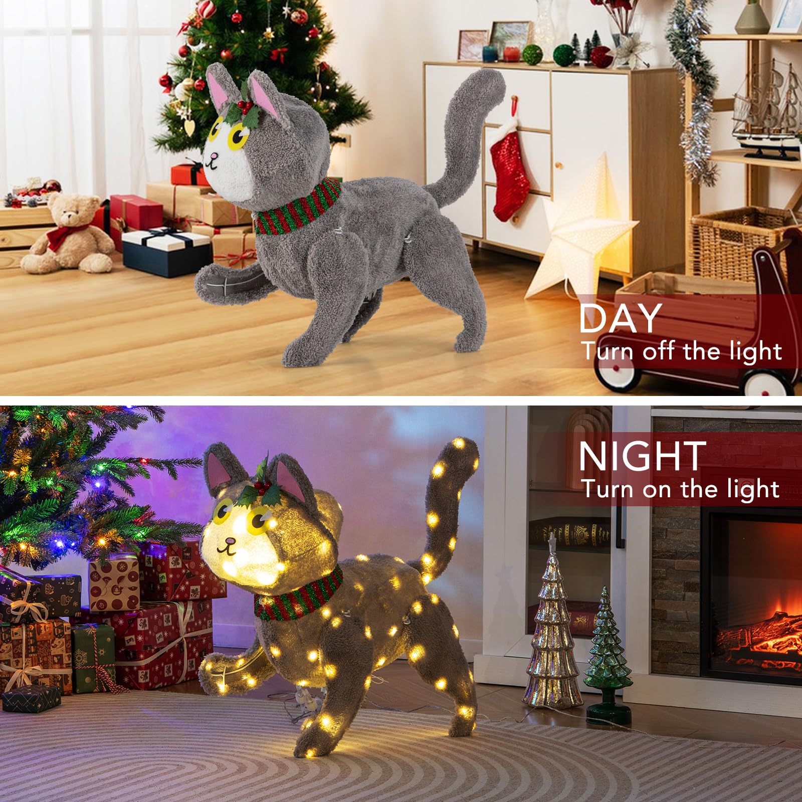 Goplus Lighted Christmas Cat, Indoor Outdoor Kitty Decoration w/ 88 LED Lights - Image 6
