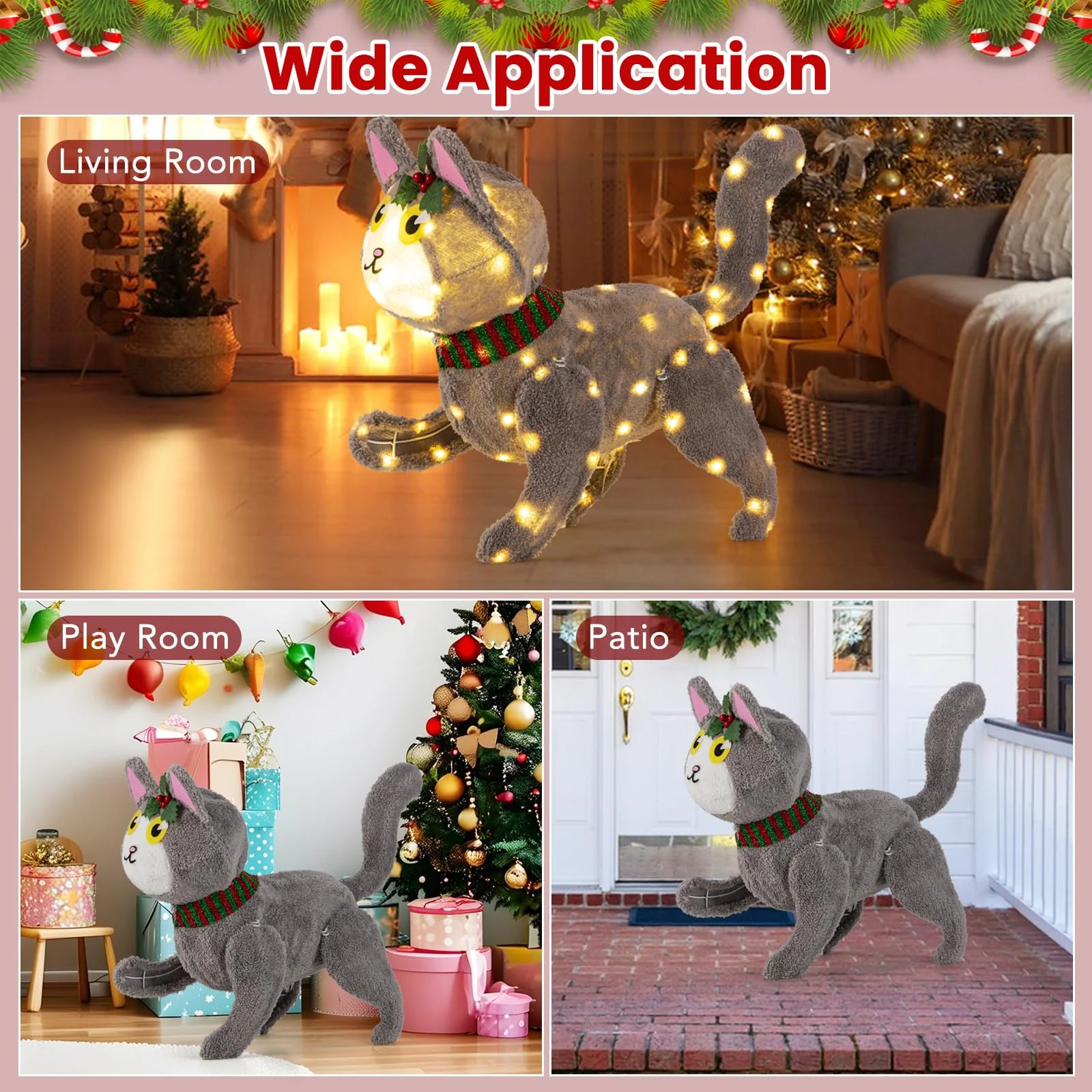 Goplus Lighted Christmas Cat, Indoor Outdoor Kitty Decoration w/ 88 LED Lights - Image 7