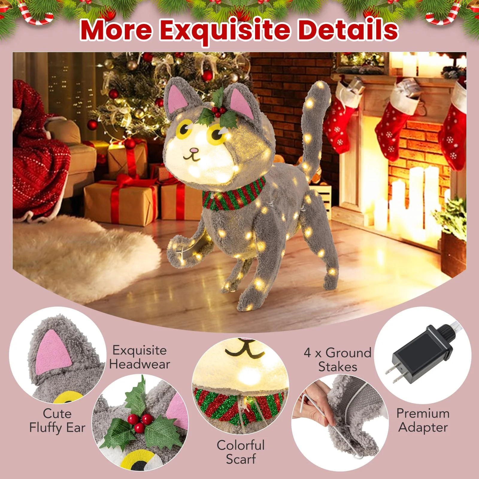 Goplus Lighted Christmas Cat, Indoor Outdoor Kitty Decoration w/ 88 LED Lights - Image 8