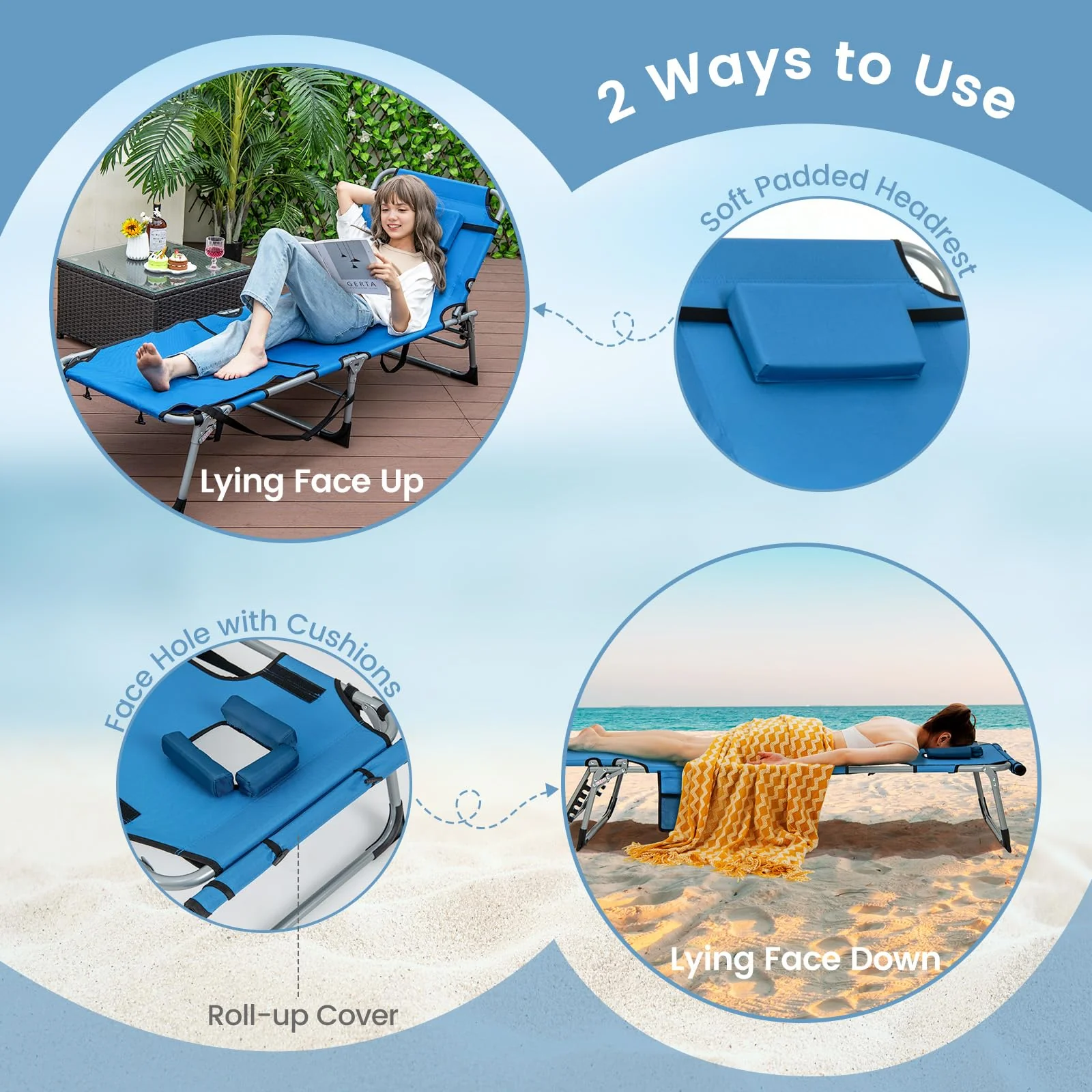 Goplus Lounge Chairs for Outside, 5-Position Tanning Chair w/Face & Arm Hole - Image 13