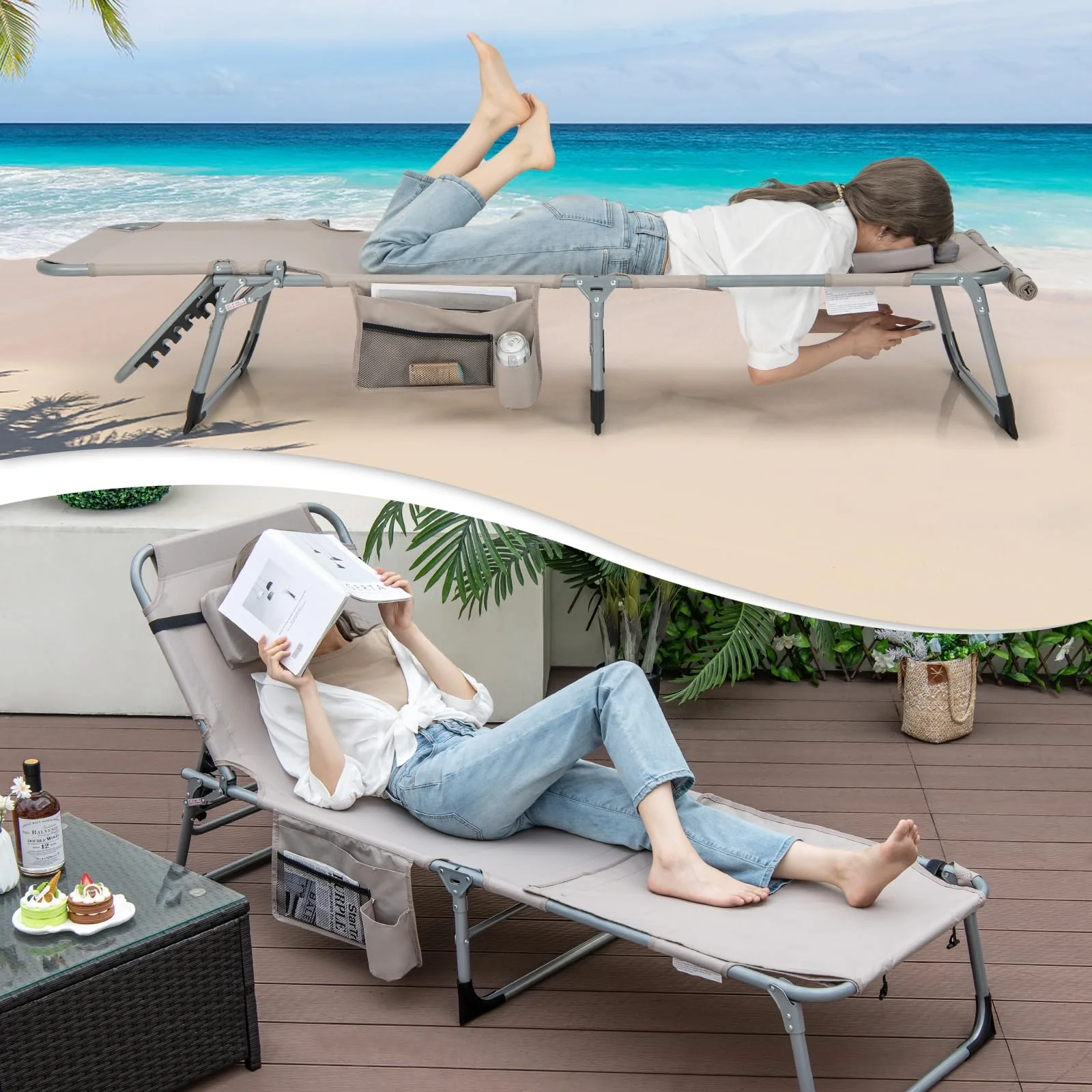 Goplus Lounge Chairs for Outside, 5-Position Tanning Chair w/Face & Arm Hole - Image 4