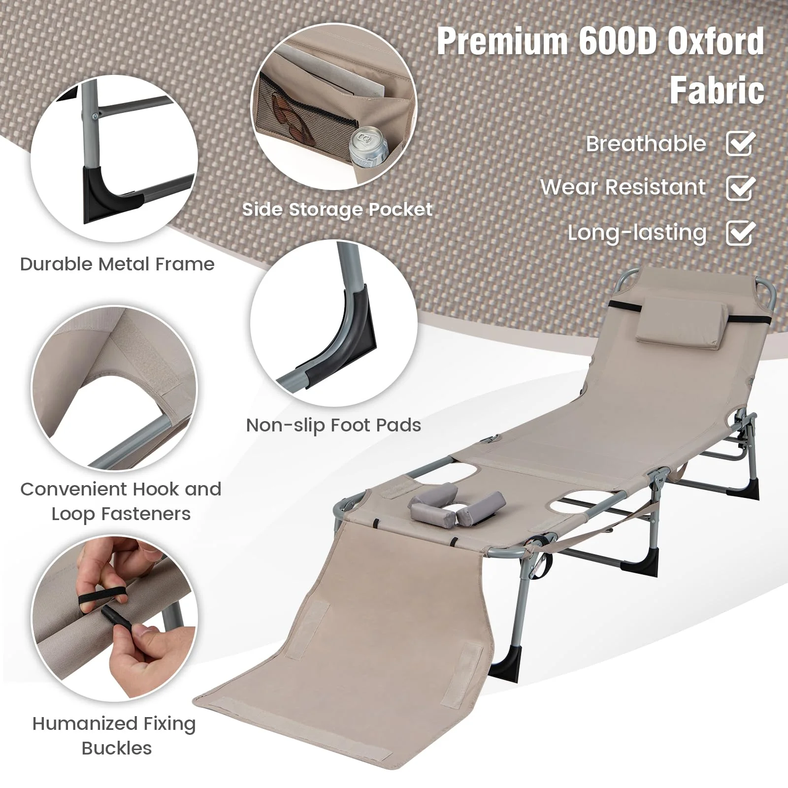 Goplus Lounge Chairs for Outside, 5-Position Tanning Chair w/Face & Arm Hole - Image 5
