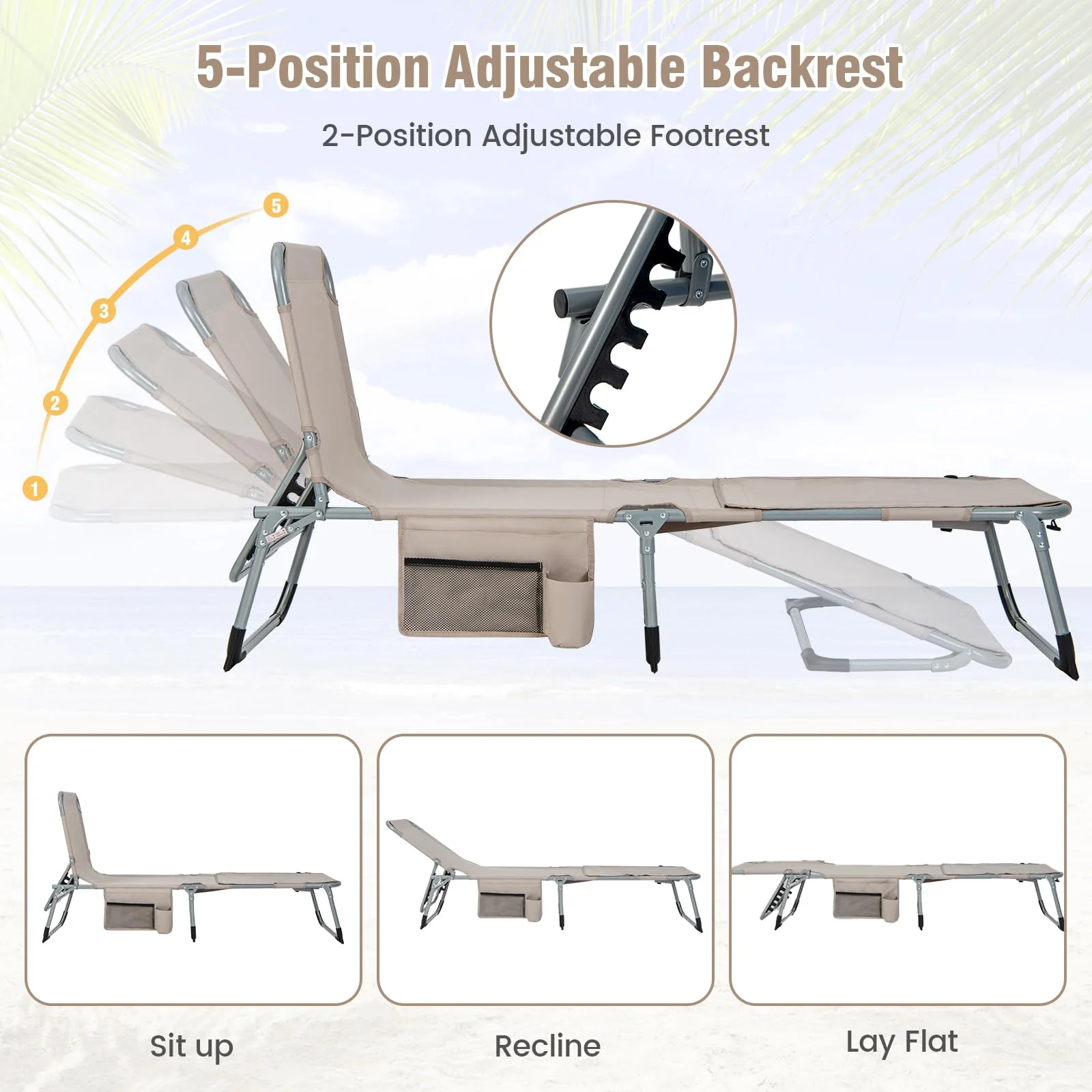 Goplus Lounge Chairs for Outside, 5-Position Tanning Chair w/Face & Arm Hole - Image 6