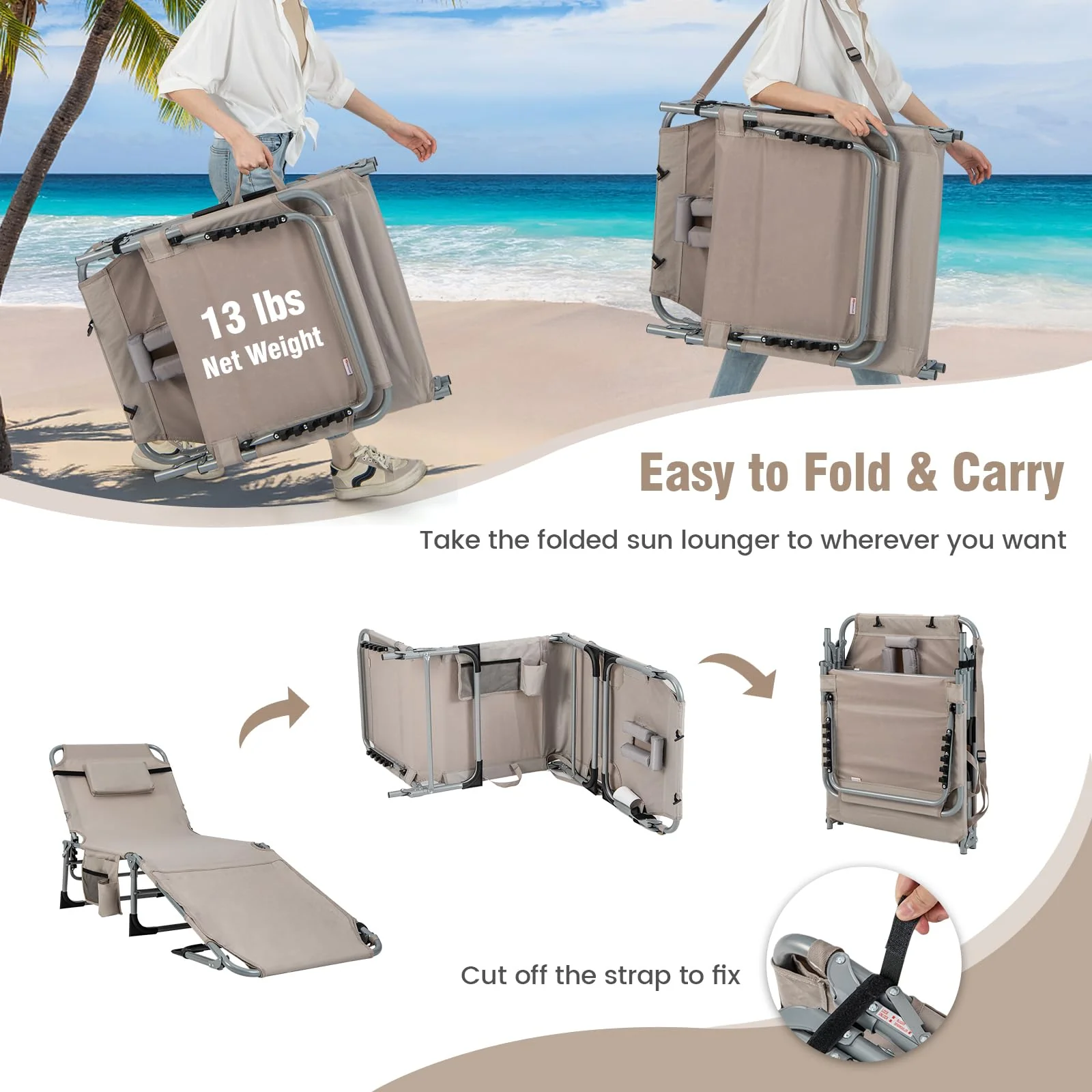 Goplus Lounge Chairs for Outside, 5-Position Tanning Chair w/Face & Arm Hole - Image 8