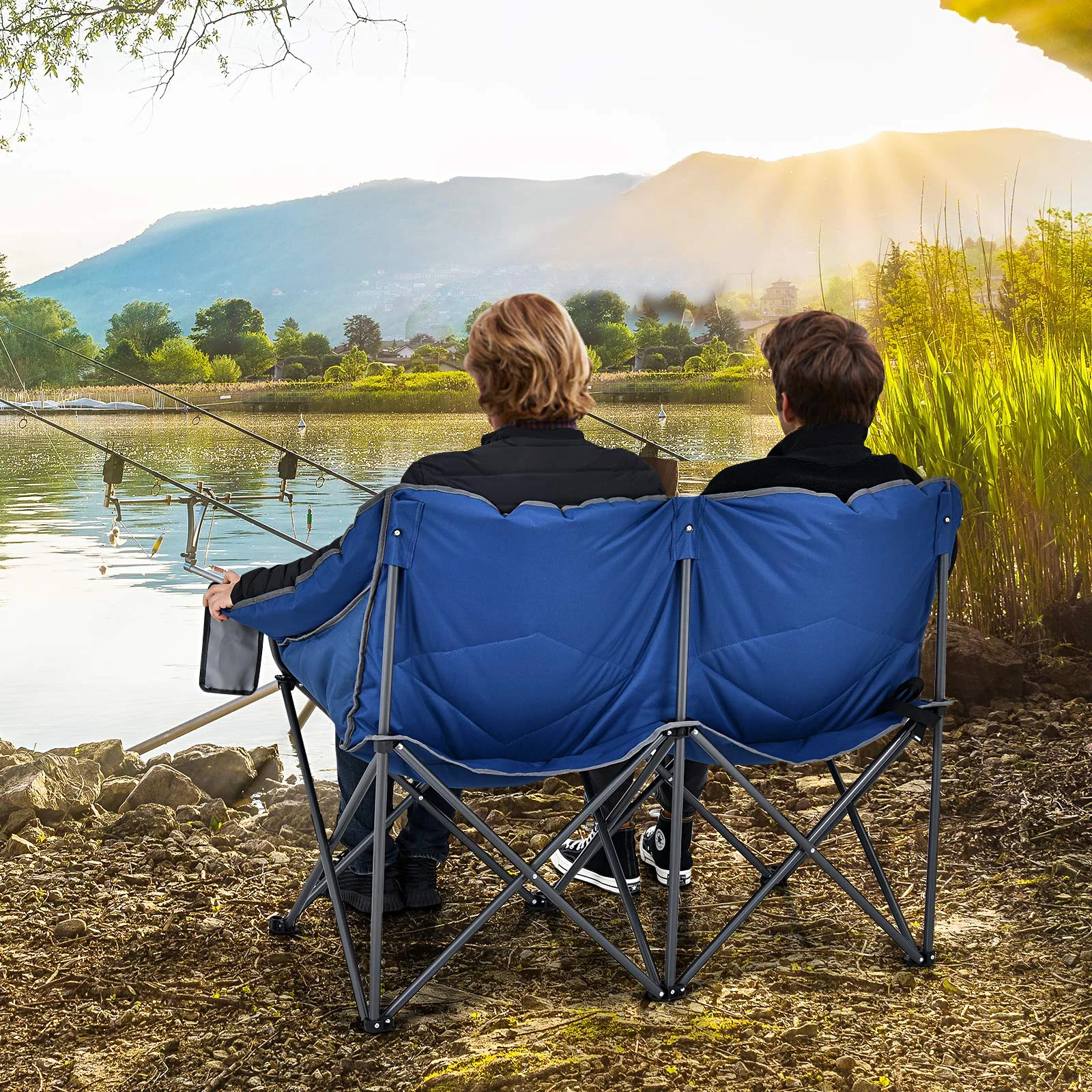 Goplus Loveseat Camping Chair, Double Folding Chair for Adults Couples w/Storage Bags & Padded High Backrest - Image 2