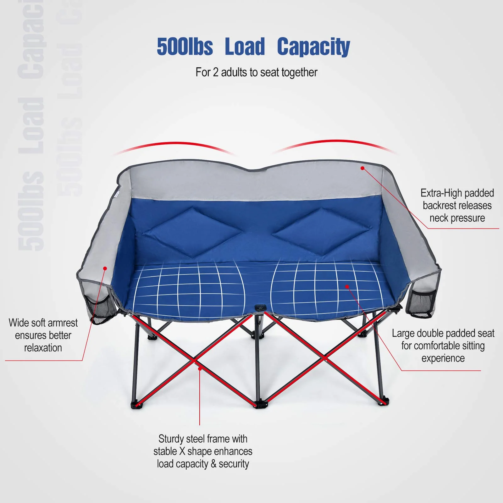 Goplus Loveseat Camping Chair, Double Folding Chair for Adults Couples w/Storage Bags & Padded High Backrest - Image 3