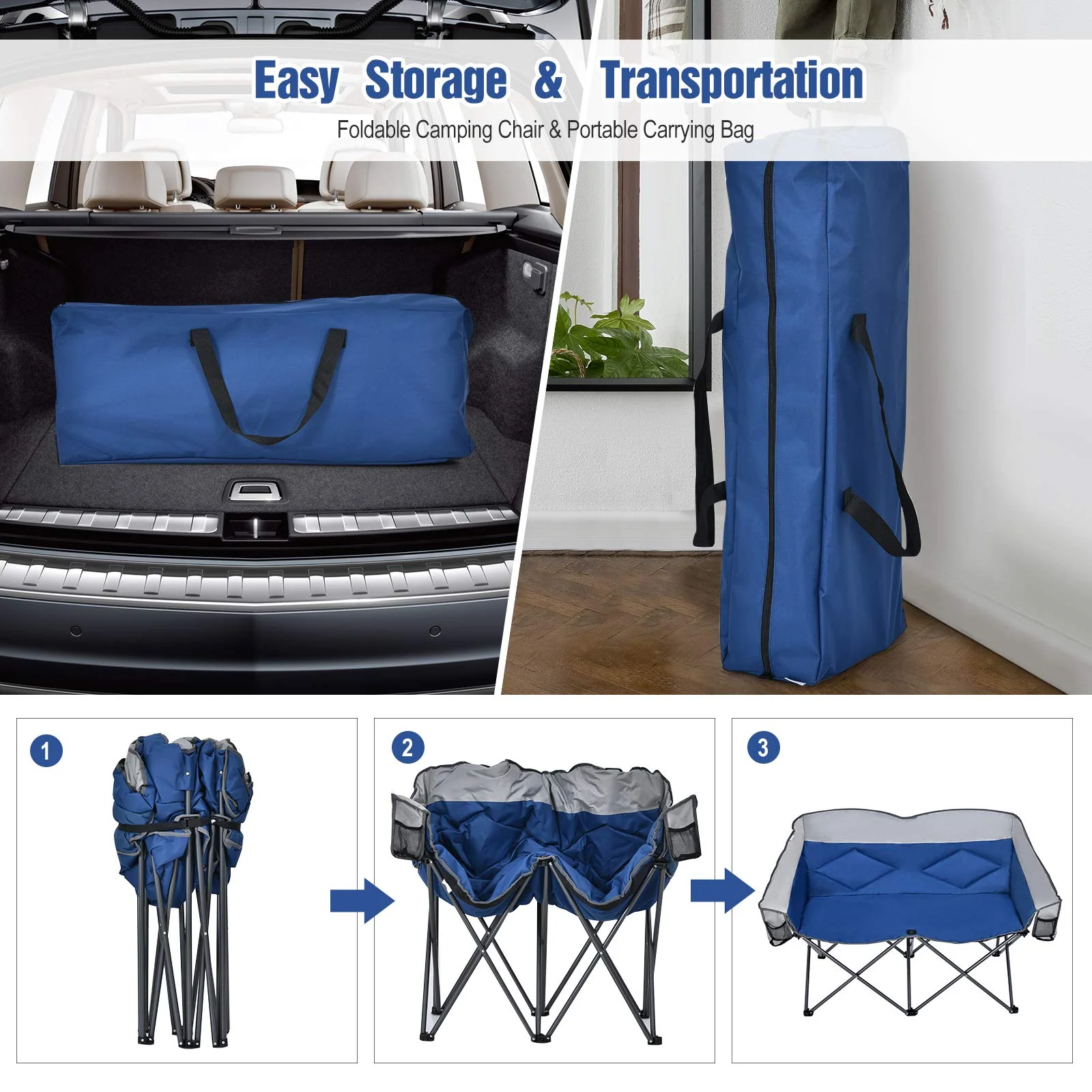 Goplus Loveseat Camping Chair, Double Folding Chair for Adults Couples w/Storage Bags & Padded High Backrest - Image 4