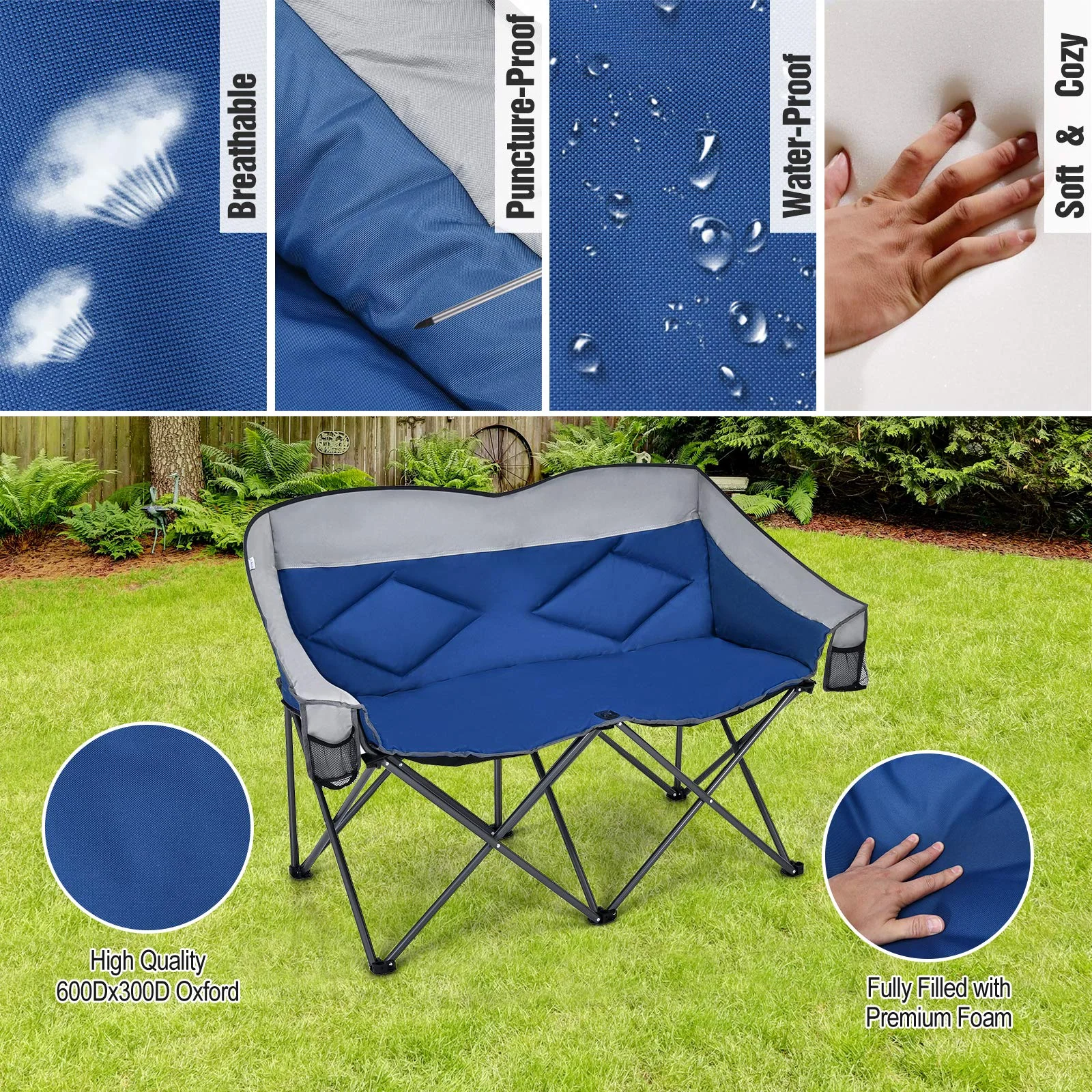 Goplus Loveseat Camping Chair, Double Folding Chair for Adults Couples w/Storage Bags & Padded High Backrest - Image 5