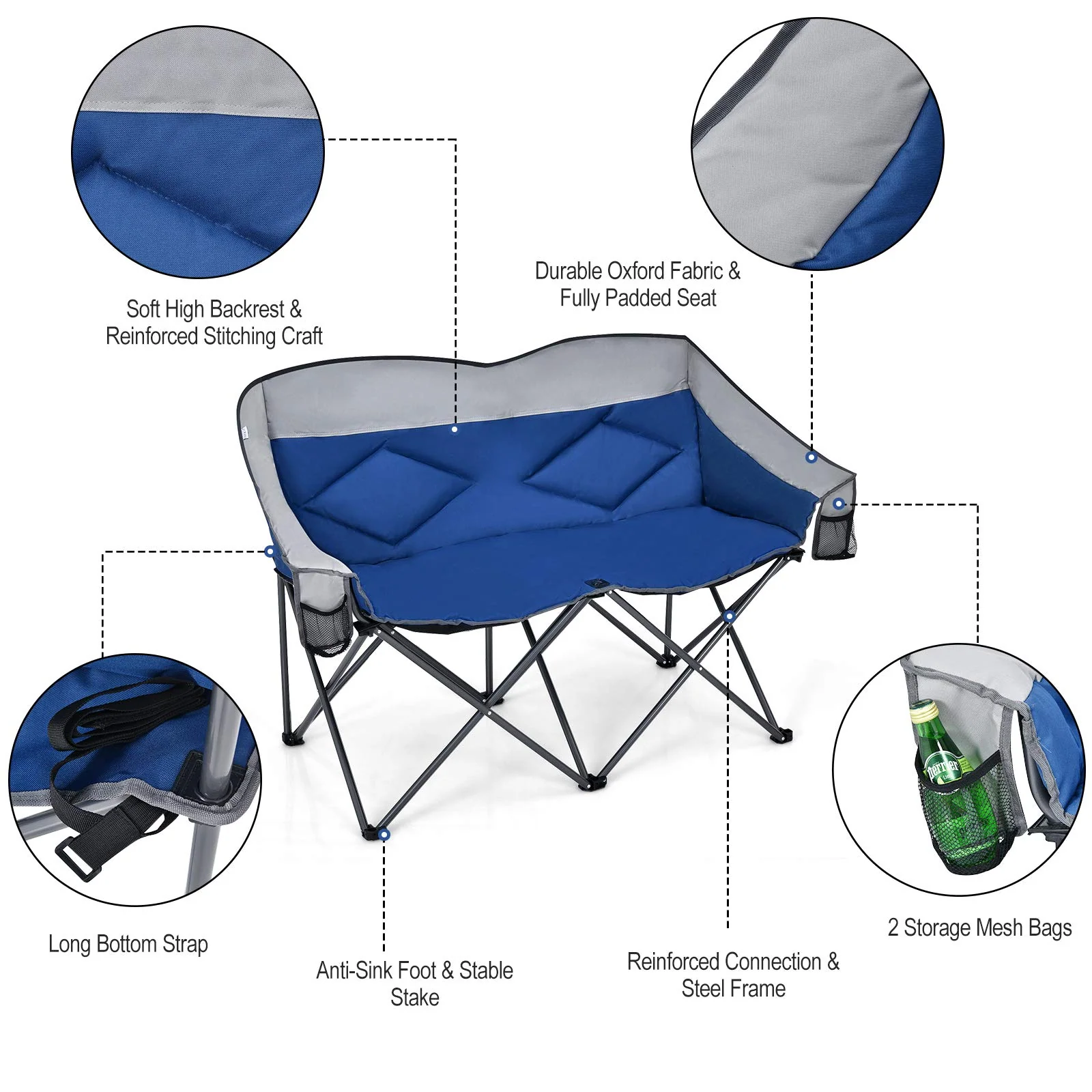 Goplus Loveseat Camping Chair, Double Folding Chair for Adults Couples w/Storage Bags & Padded High Backrest - Image 6