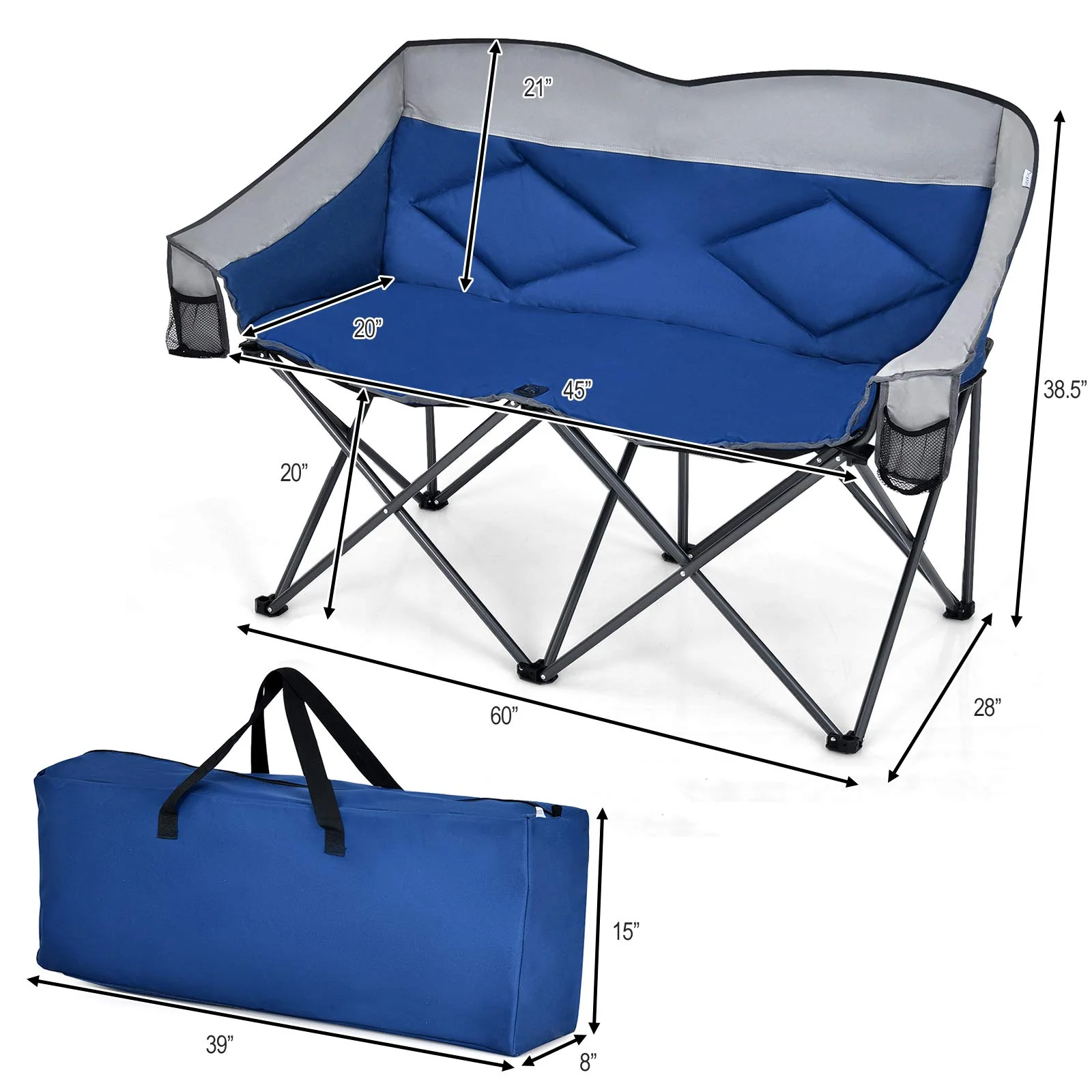 Goplus Loveseat Camping Chair, Double Folding Chair for Adults Couples w/Storage Bags & Padded High Backrest - Image 7