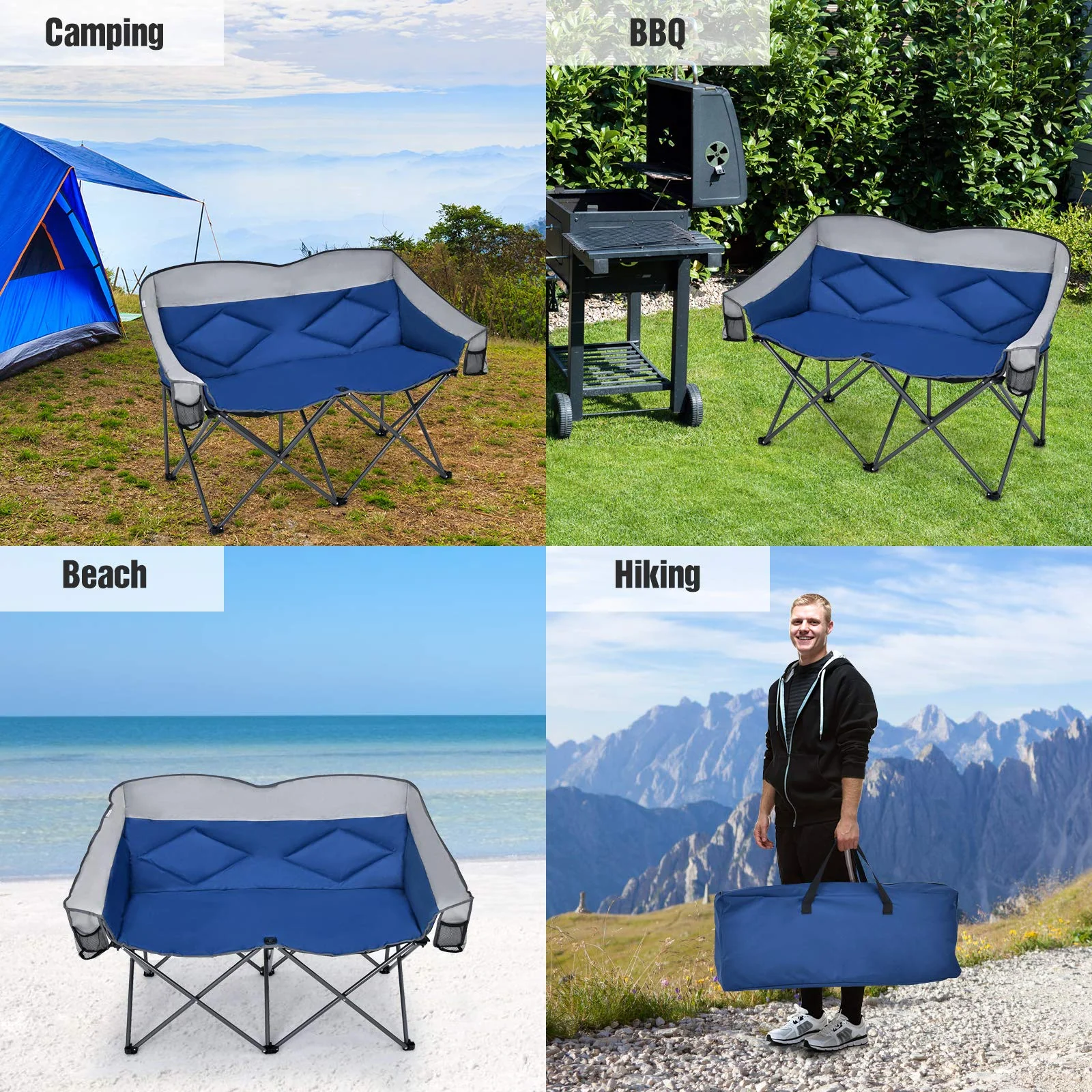 Goplus Loveseat Camping Chair, Double Folding Chair for Adults Couples w/Storage Bags & Padded High Backrest - Image 8