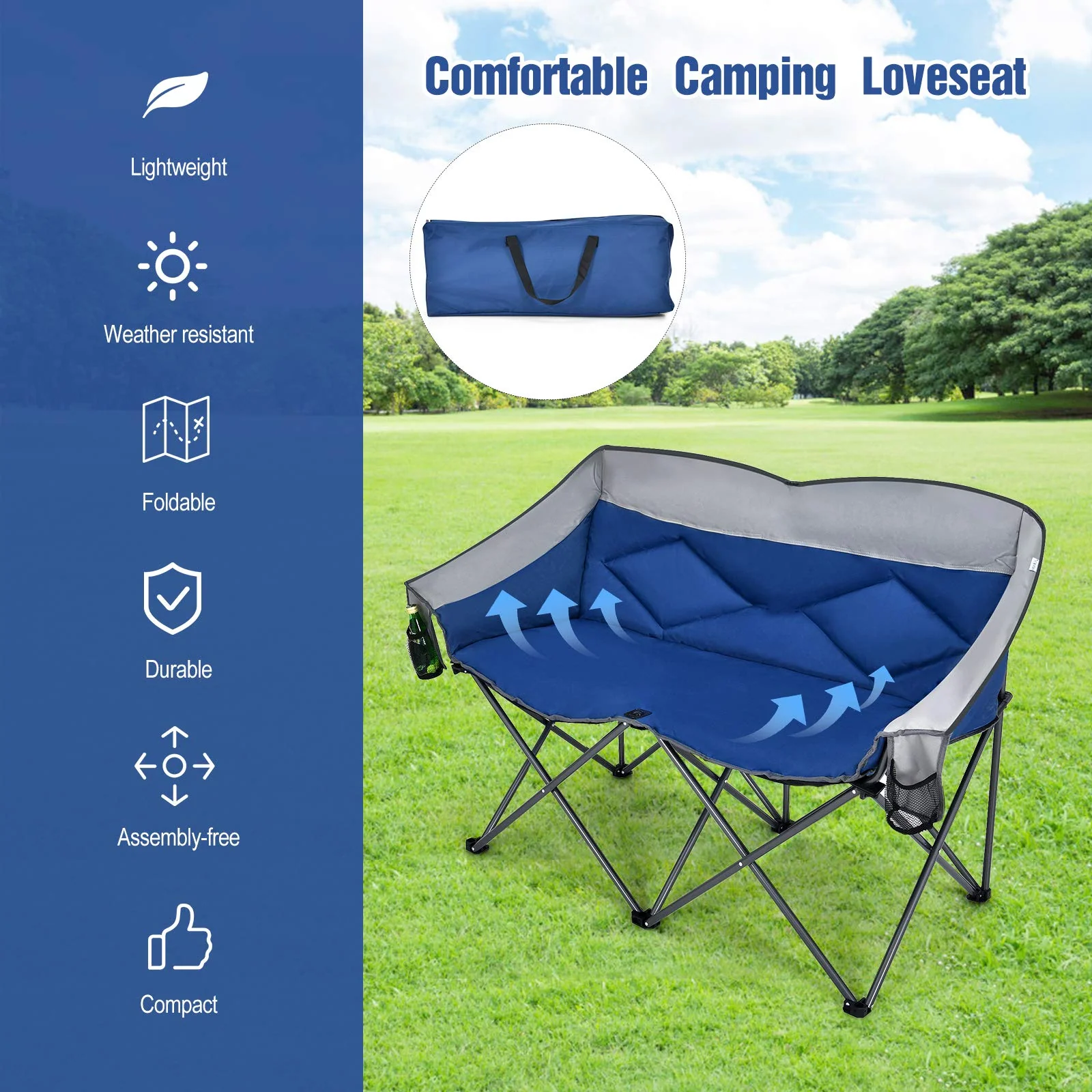 Goplus Loveseat Camping Chair, Double Folding Chair for Adults Couples w/Storage Bags & Padded High Backrest - Image 9