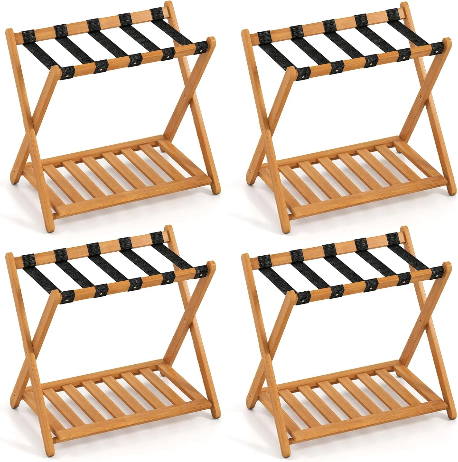 Goplus Luggage Rack Set of 2 or 4 Folding Acacia Wooden Suitcase Stand - Image 10