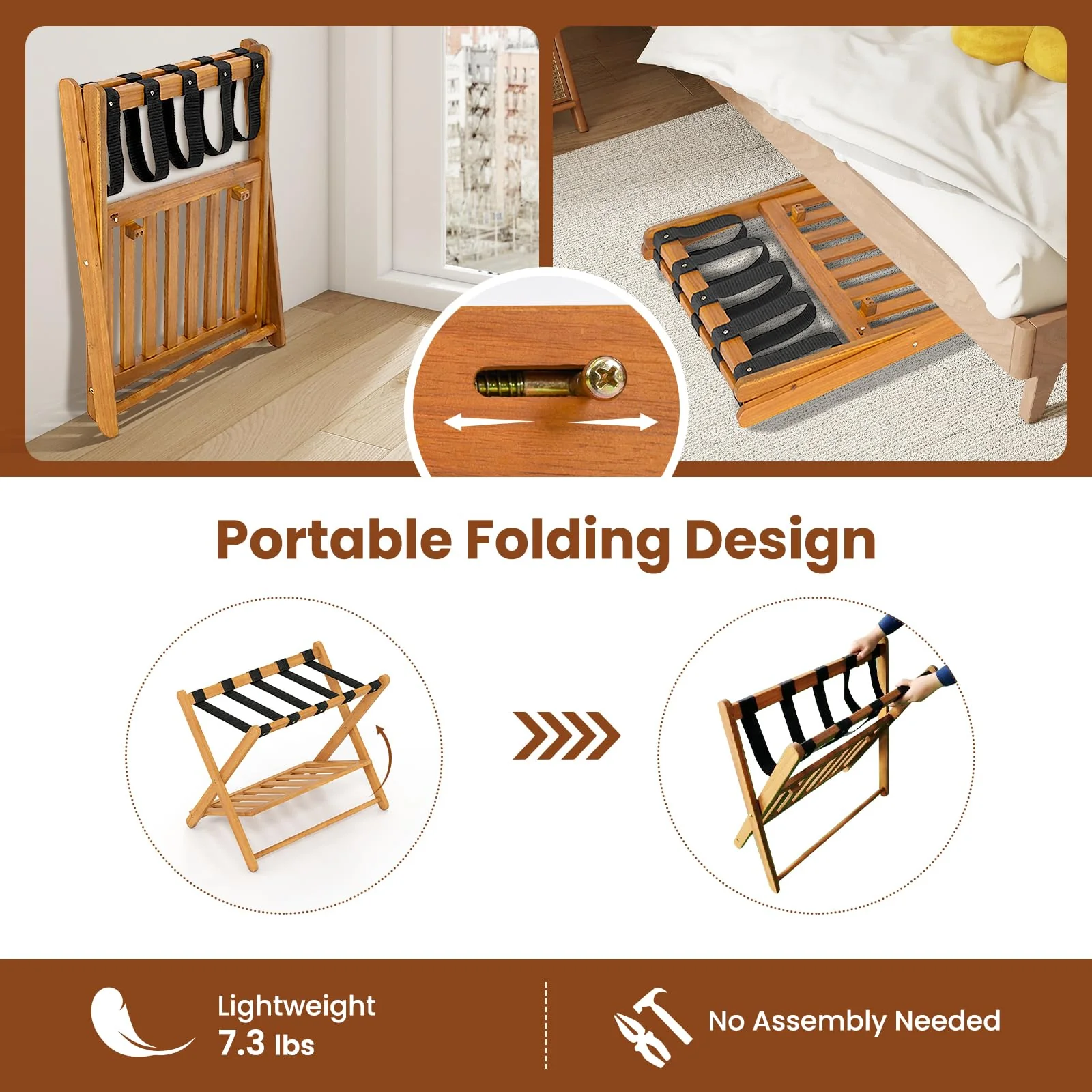Goplus Luggage Rack Set of 2 or 4 Folding Acacia Wooden Suitcase Stand - Image 3
