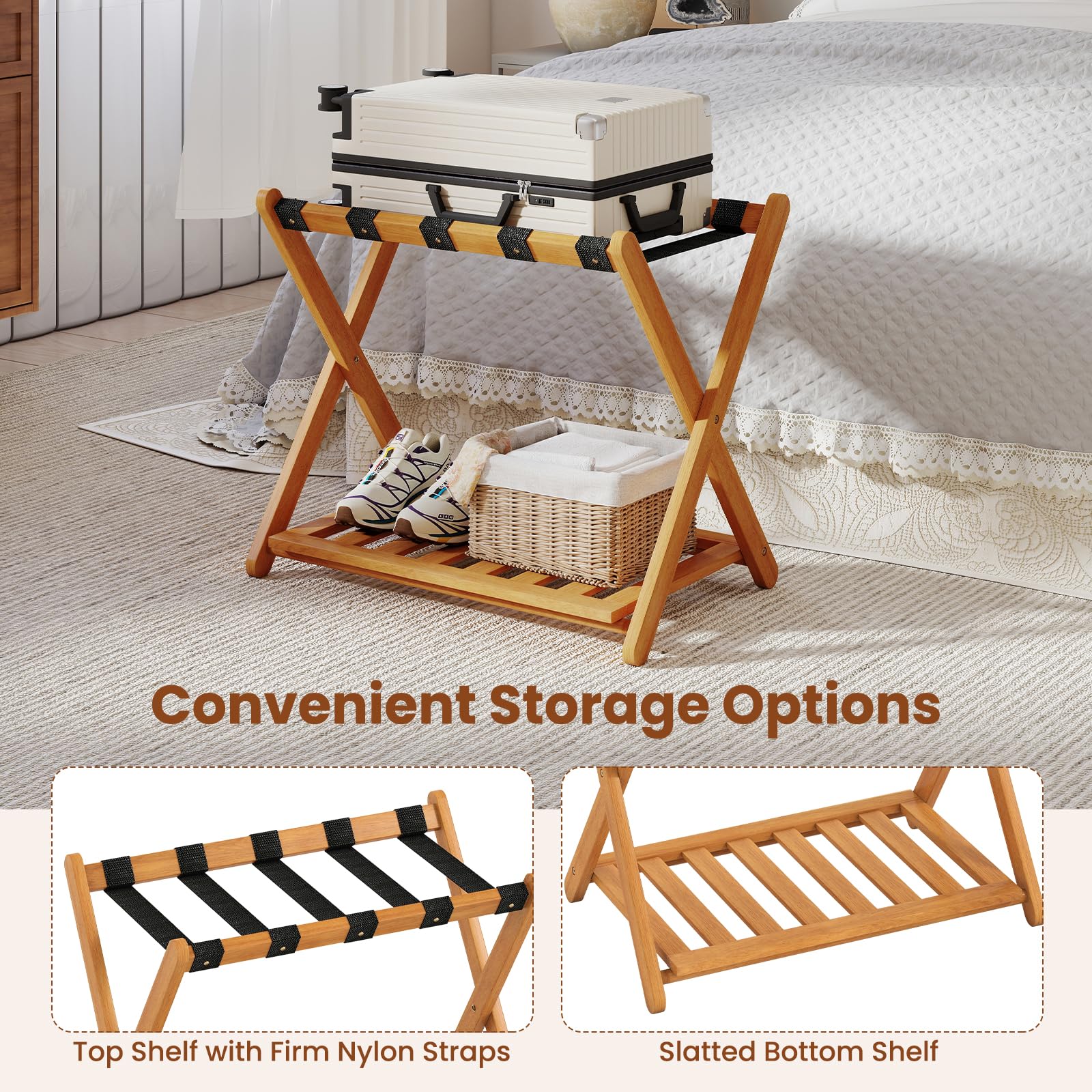 Goplus Luggage Rack Set of 2 or 4 Folding Acacia Wooden Suitcase Stand - Image 4