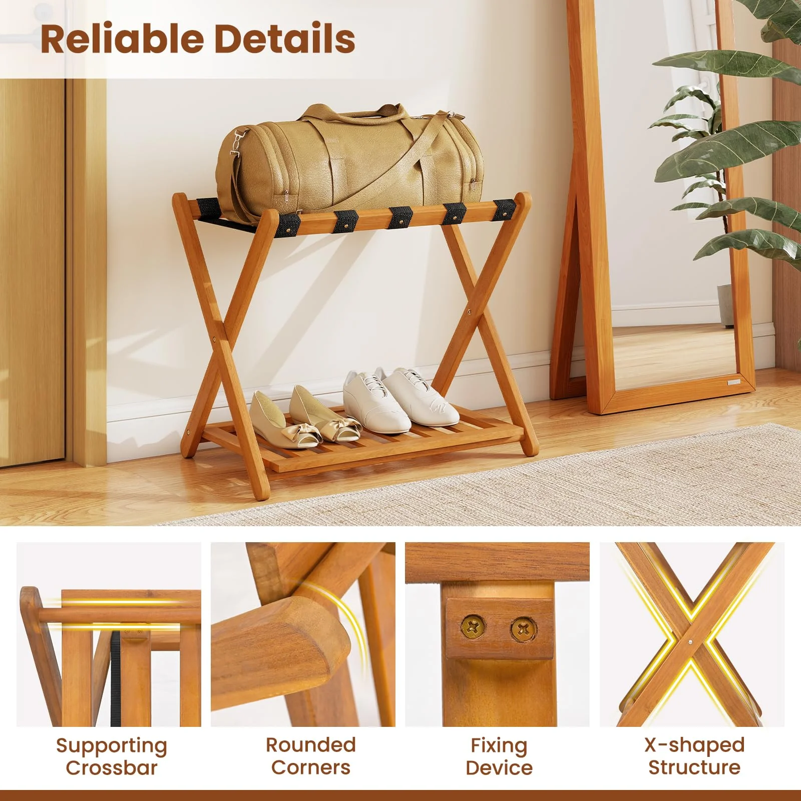 Goplus Luggage Rack Set of 2 or 4 Folding Acacia Wooden Suitcase Stand - Image 5