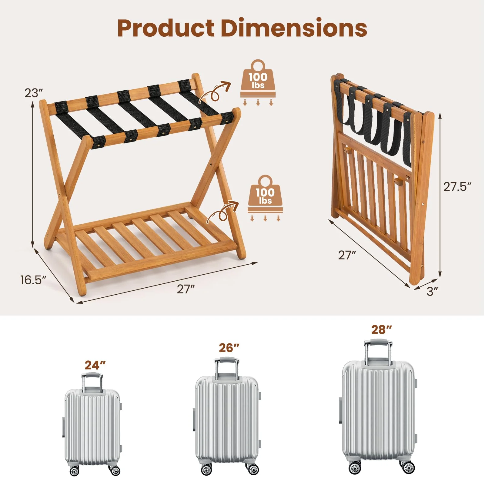 Goplus Luggage Rack Set of 2 or 4 Folding Acacia Wooden Suitcase Stand - Image 6