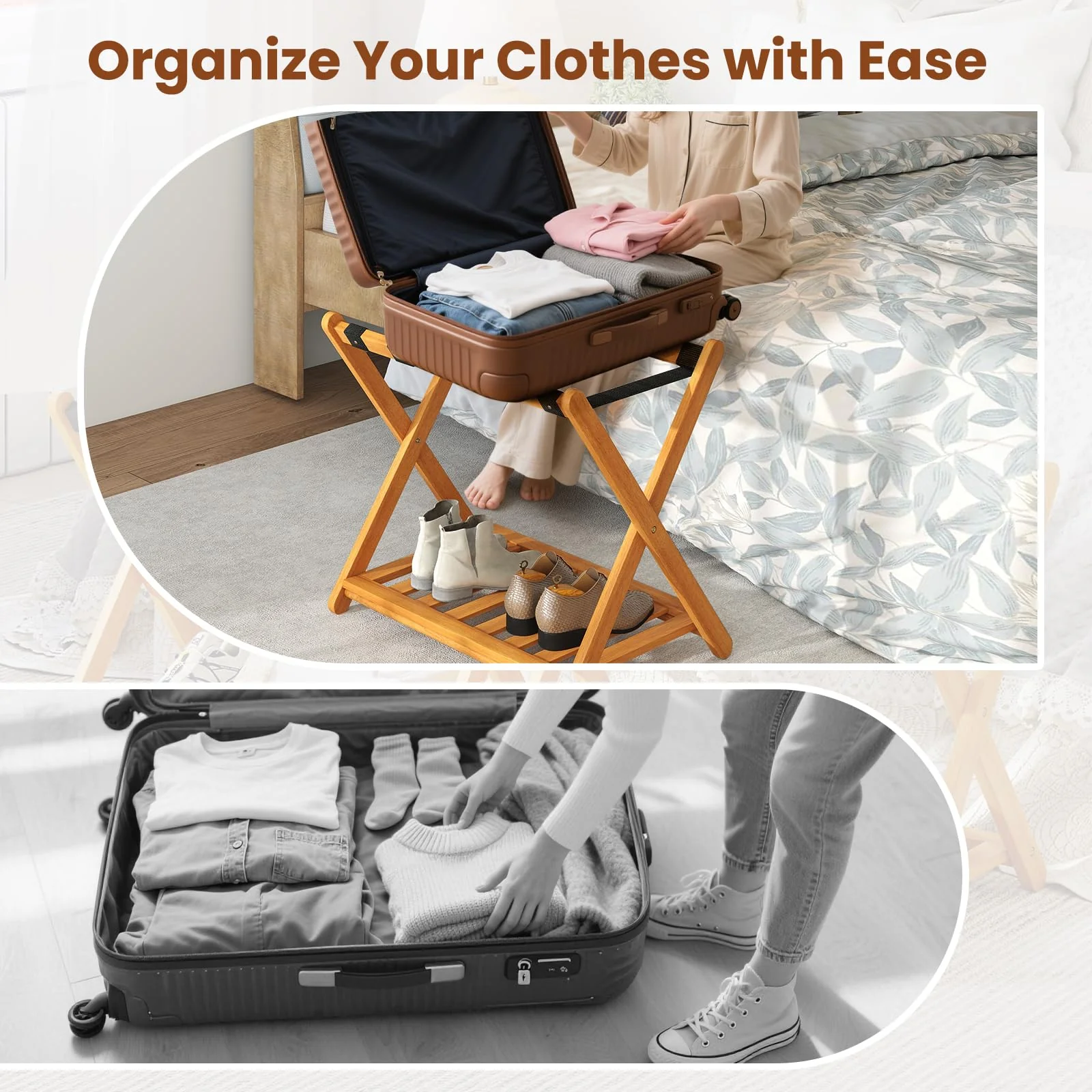 Goplus Luggage Rack Set of 2 or 4 Folding Acacia Wooden Suitcase Stand - Image 7