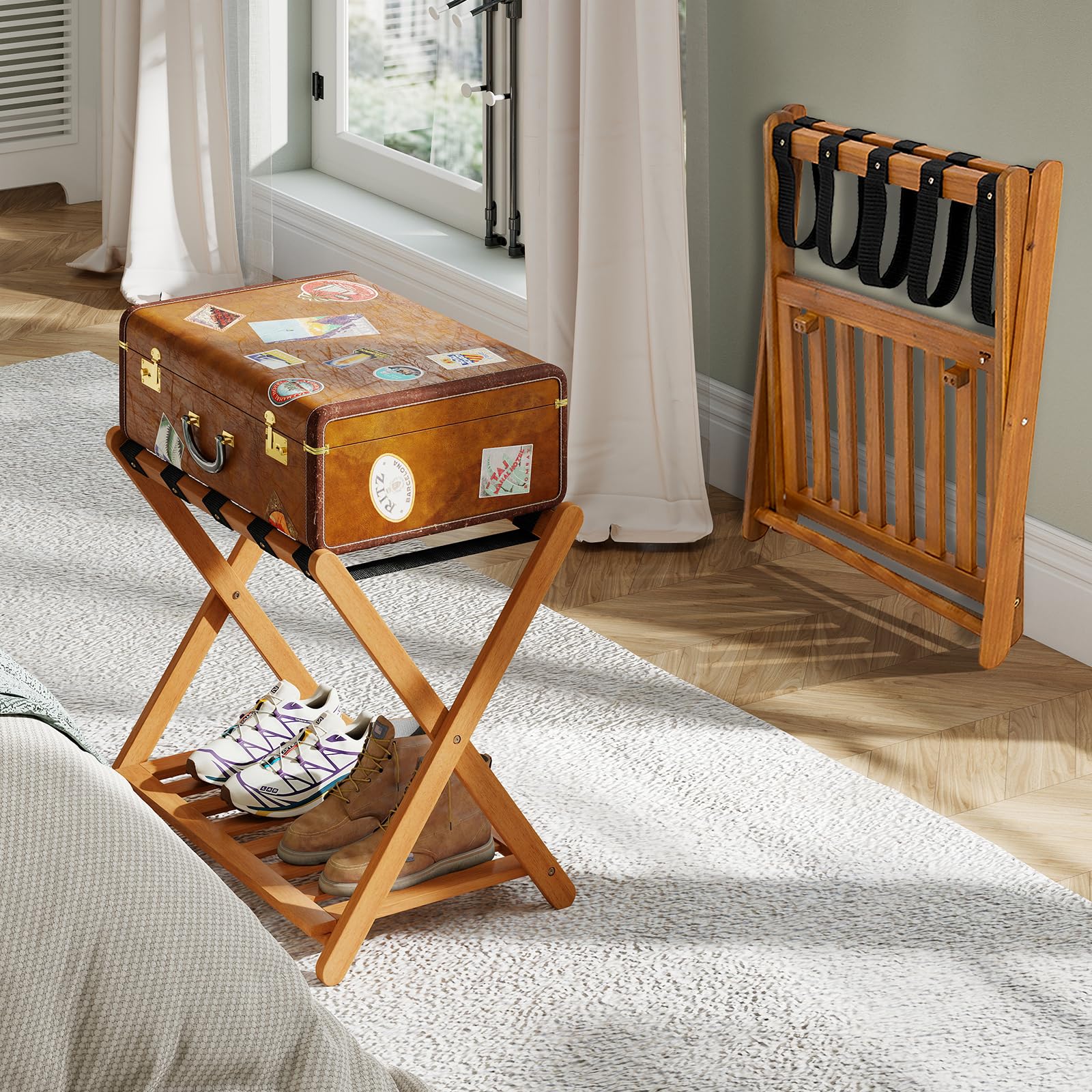 Goplus Luggage Rack Set of 2 or 4 Folding Acacia Wooden Suitcase Stand - Image 8