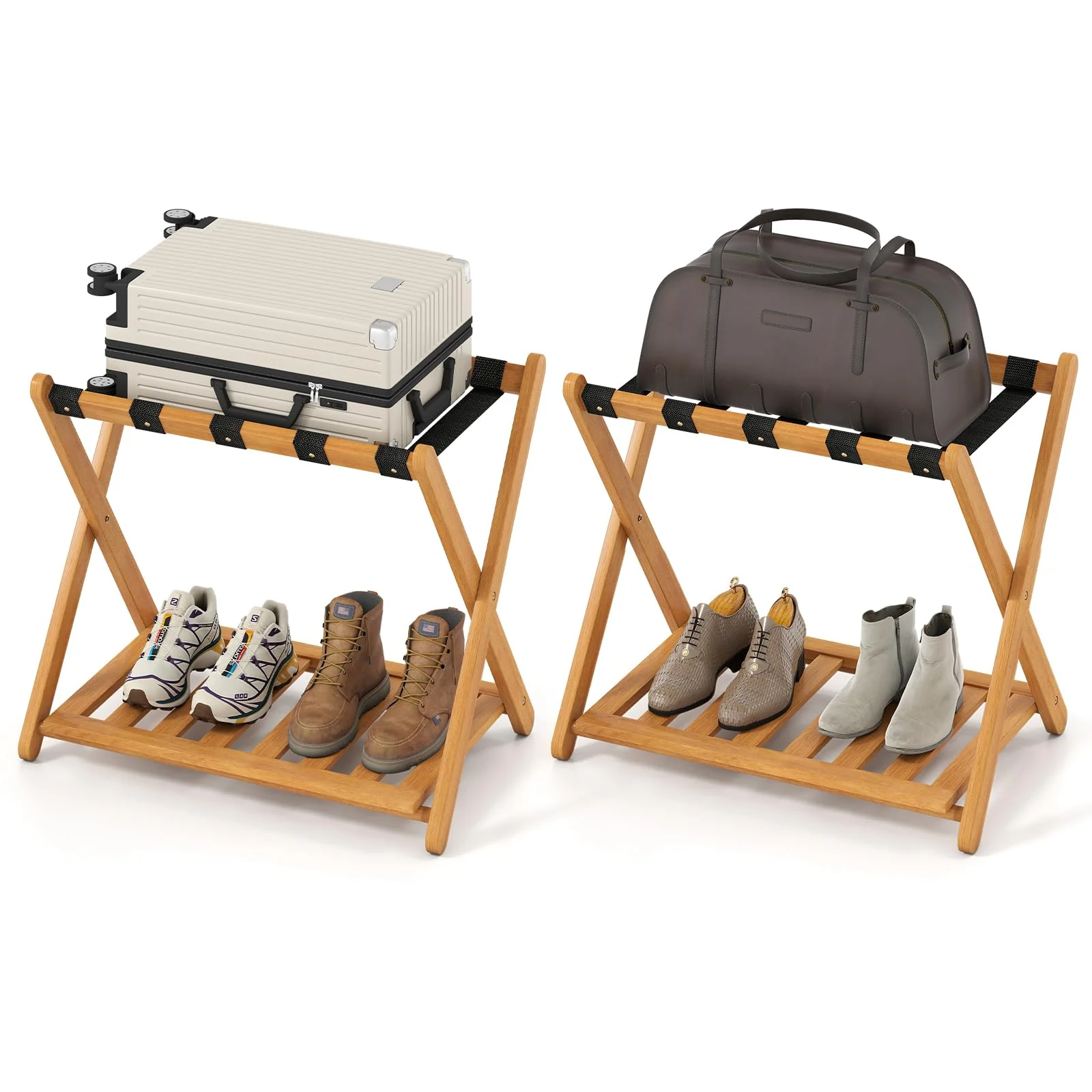 Goplus Luggage Rack Set of 2 or 4 Folding Acacia Wooden Suitcase Stand - Image 9