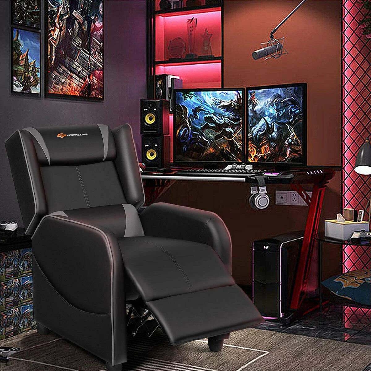 Goplus Massage Gaming Recliner Chair, Racing Style PU Leather Single Recliner Sofa with Footrest - Image 2