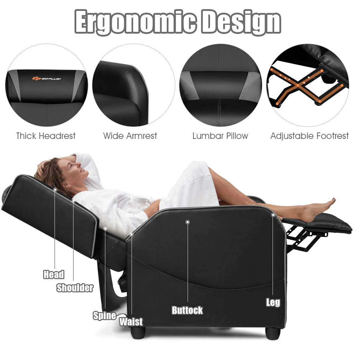 Goplus Massage Gaming Recliner Chair, Racing Style PU Leather Single Recliner Sofa with Footrest - Image 3