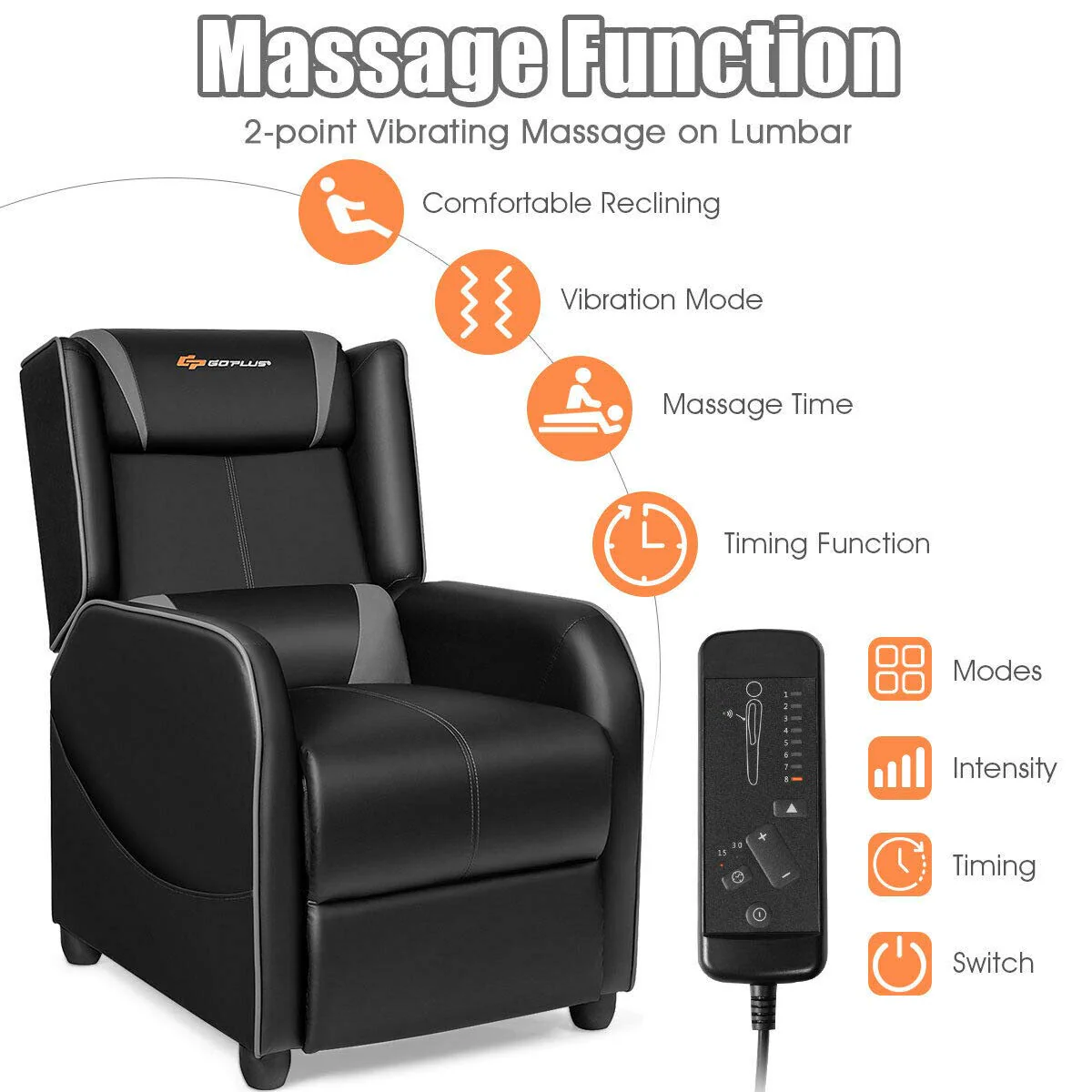 Goplus Massage Gaming Recliner Chair, Racing Style PU Leather Single Recliner Sofa with Footrest - Image 5