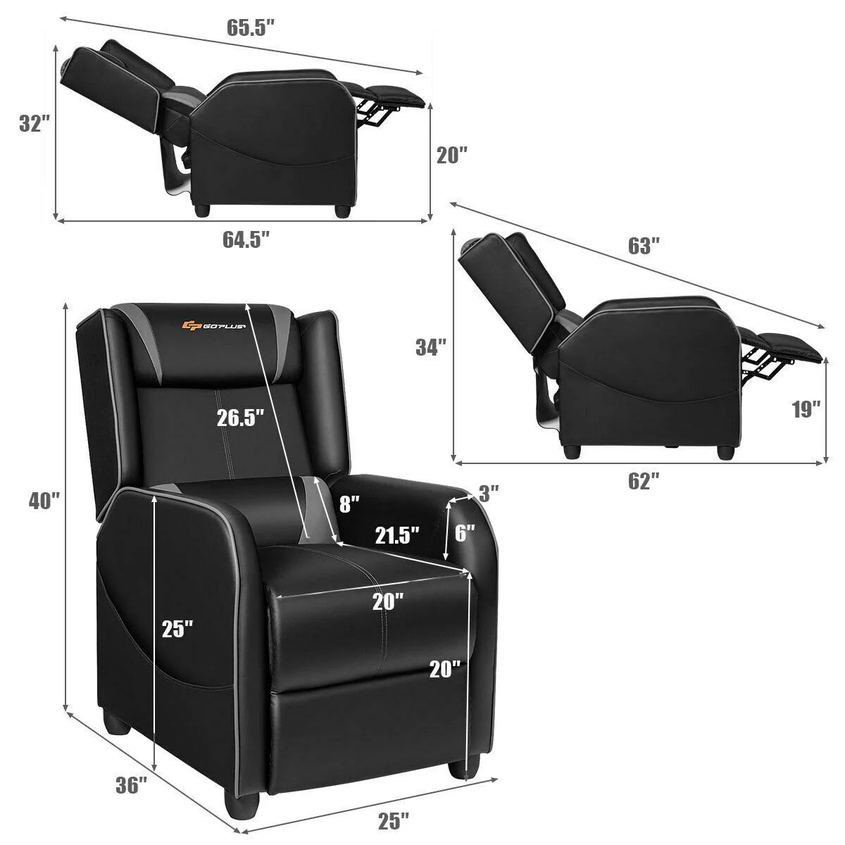 Goplus Massage Gaming Recliner Chair, Racing Style PU Leather Single Recliner Sofa with Footrest - Image 7